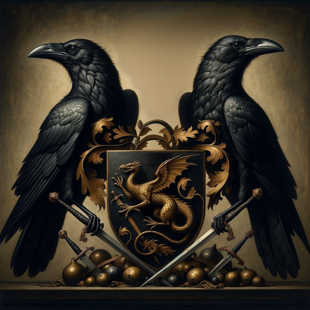 Heraldic design with ravens, shield, and swords