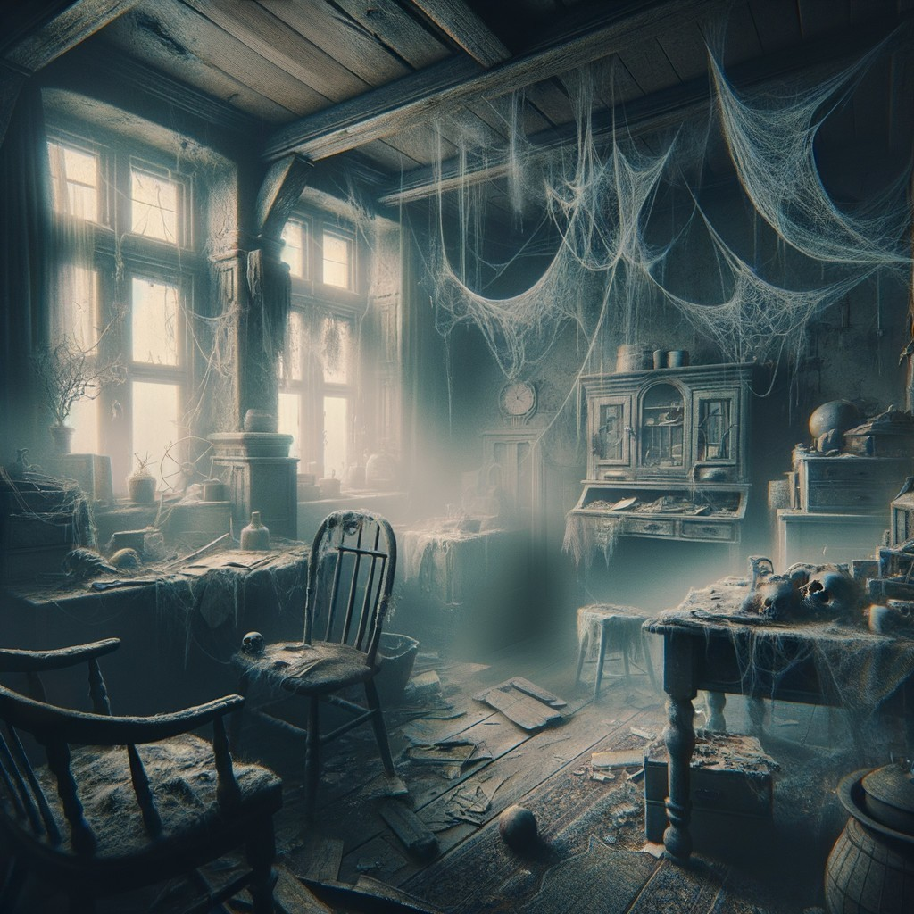 Vintage furniture in a dusty, cobweb-filled room with streaming sunlight