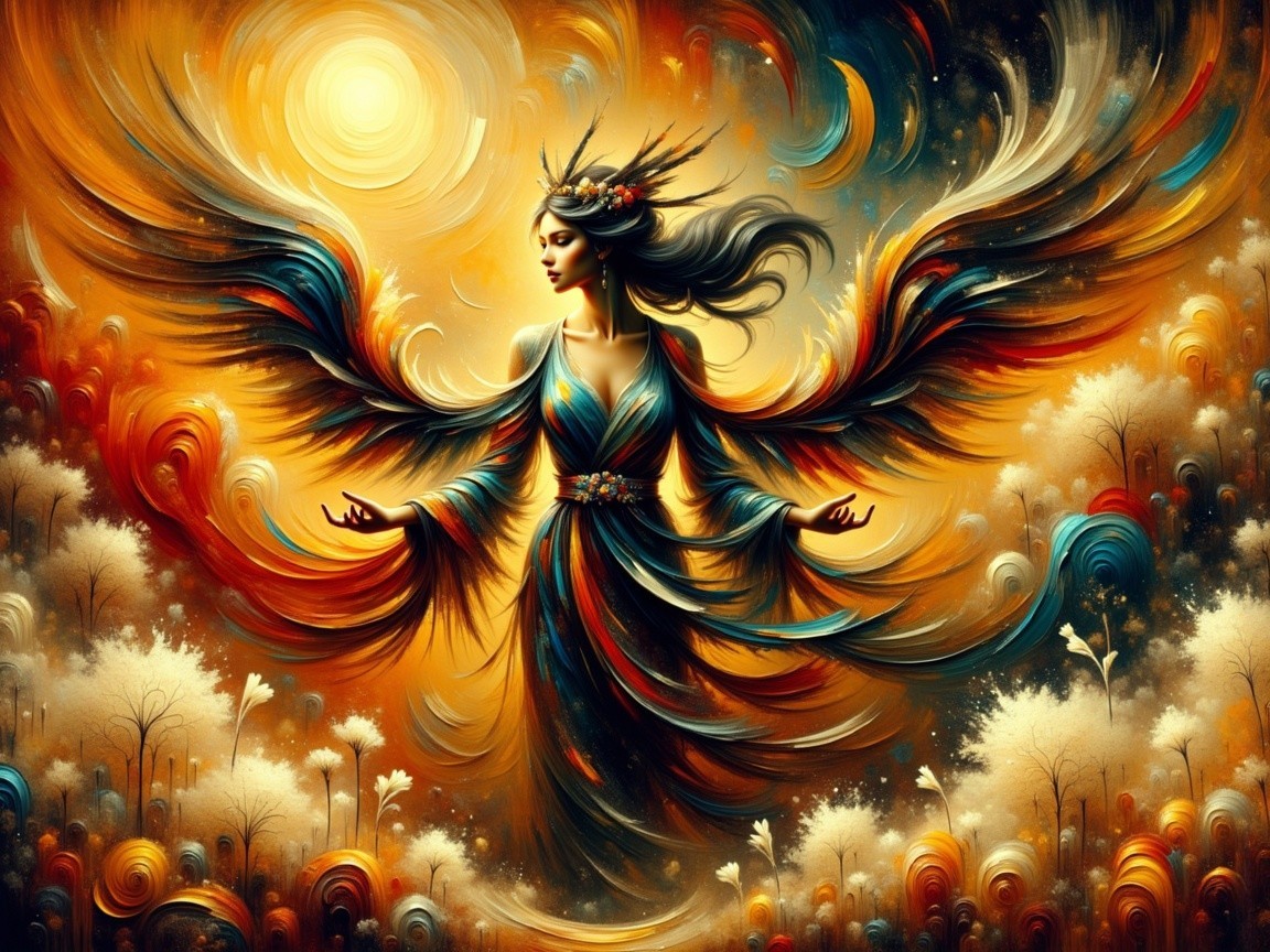 Graceful figure with vibrant wings in dreamlike landscape