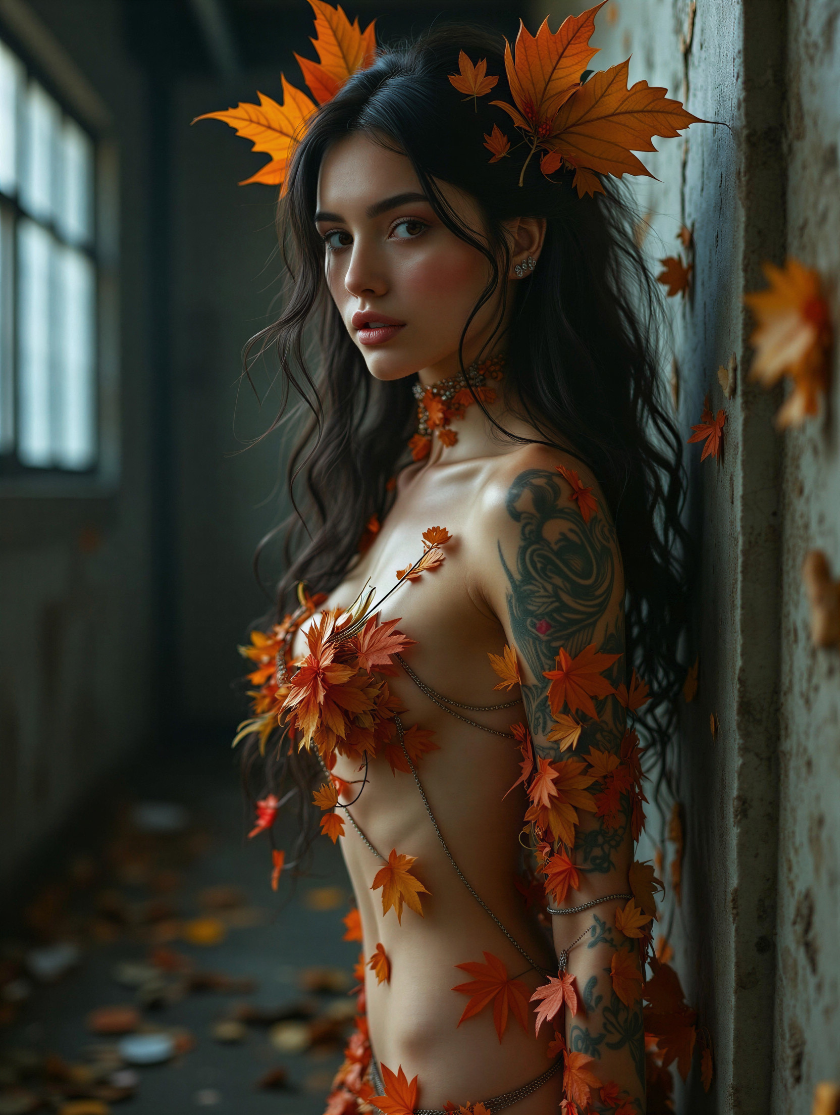 Woman in Autumn Leaves Against Industrial Background