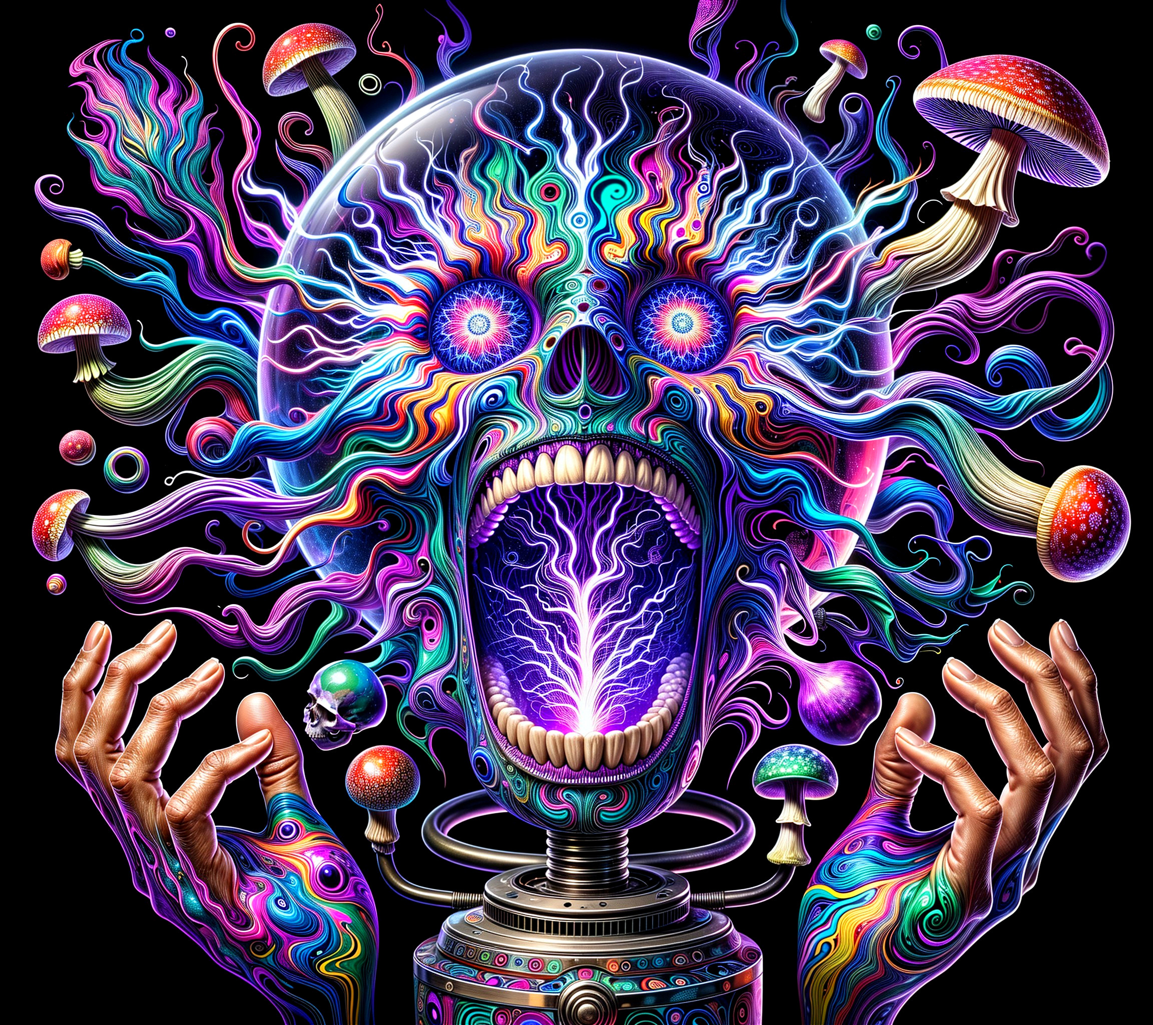Psychedelic Skull Illustration in Colorful Glass Dome