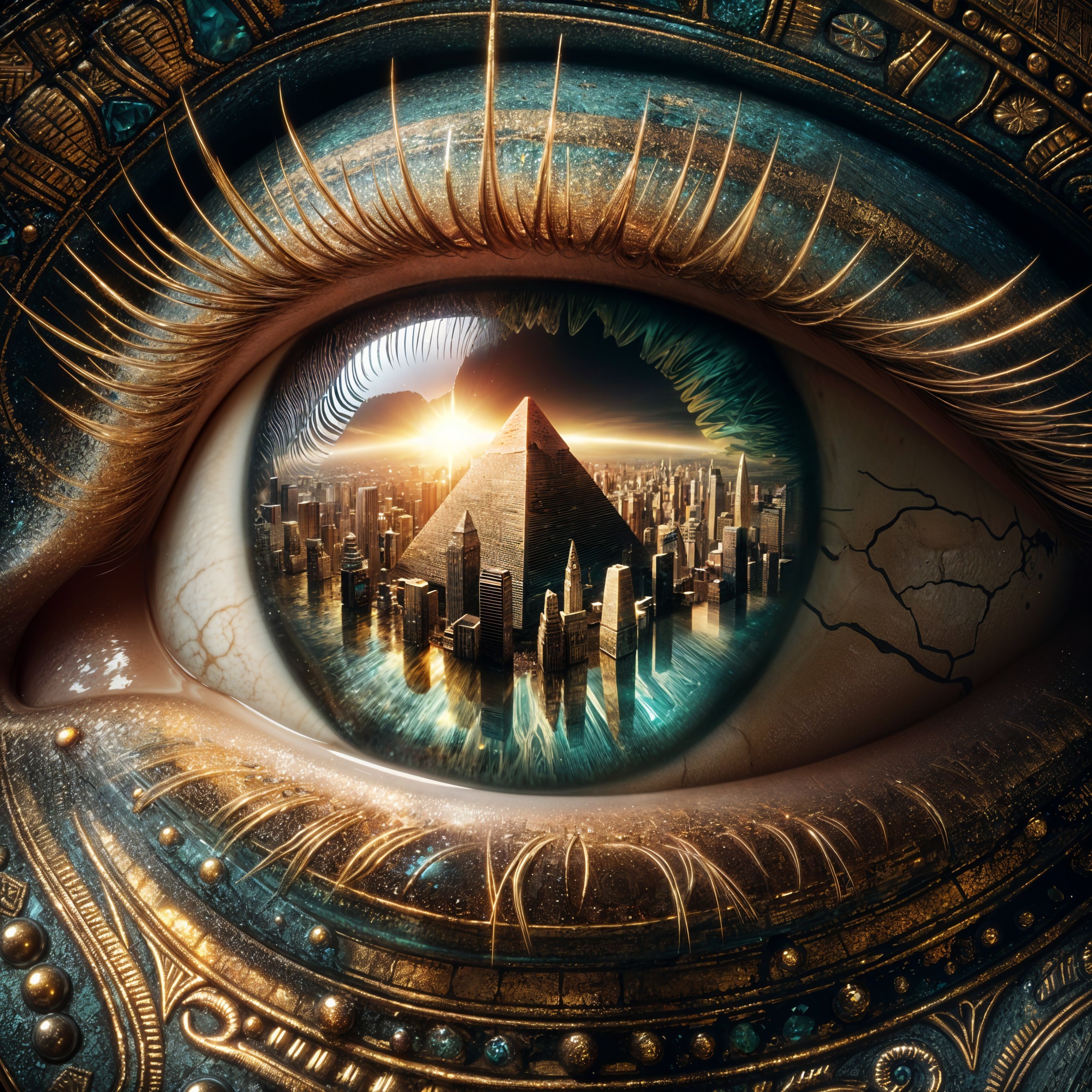 Intricate Eye Design Reflecting Vibrant Cityscape