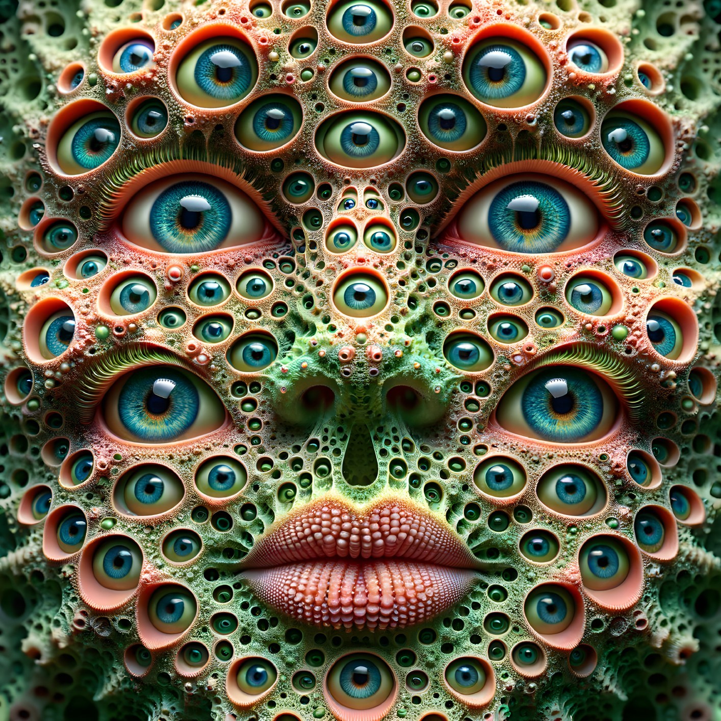 Surreal Artwork of Human Eyes and Lips on Green Background
