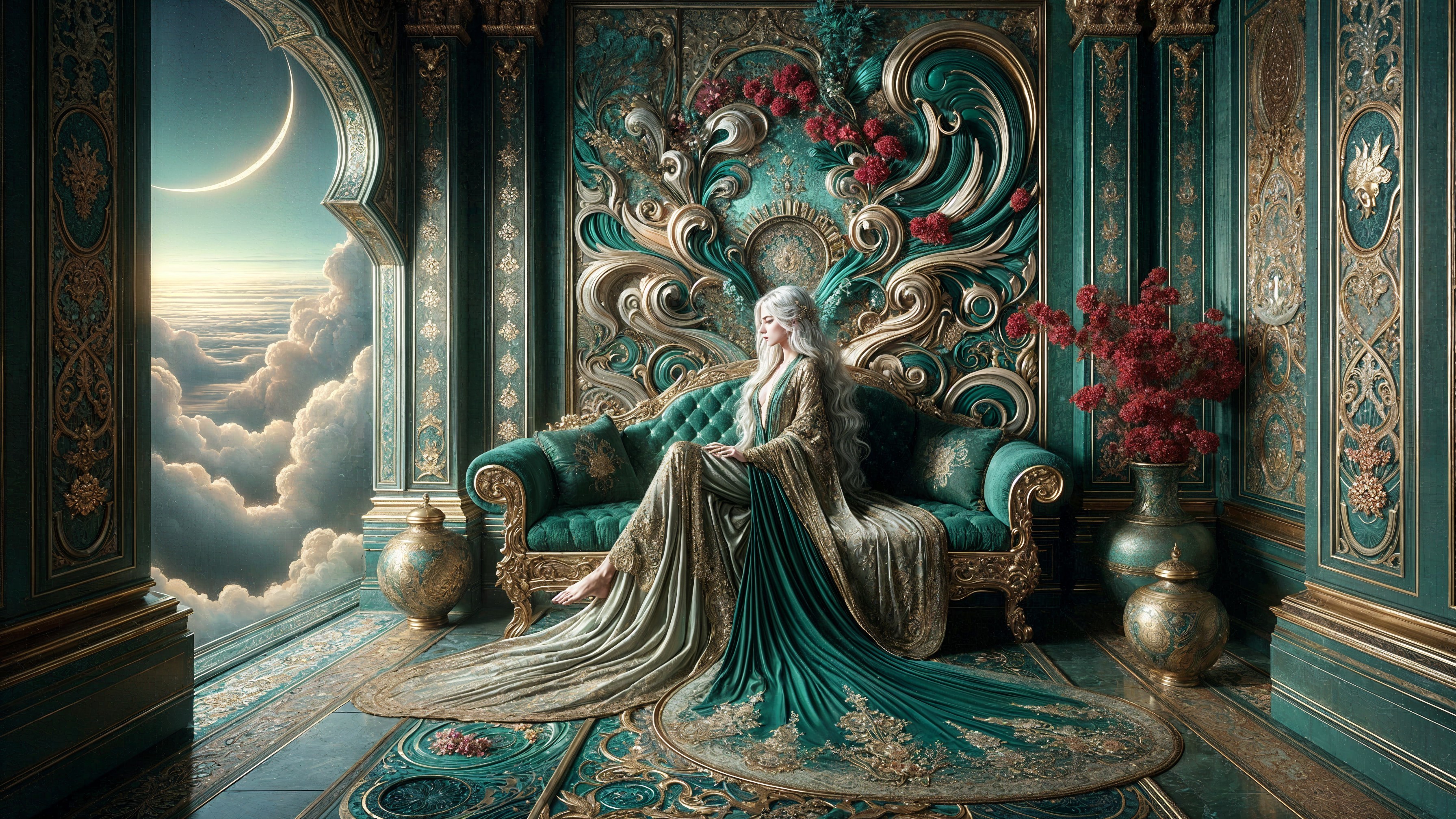 Elegant figure on opulent green sofa with ornate decor