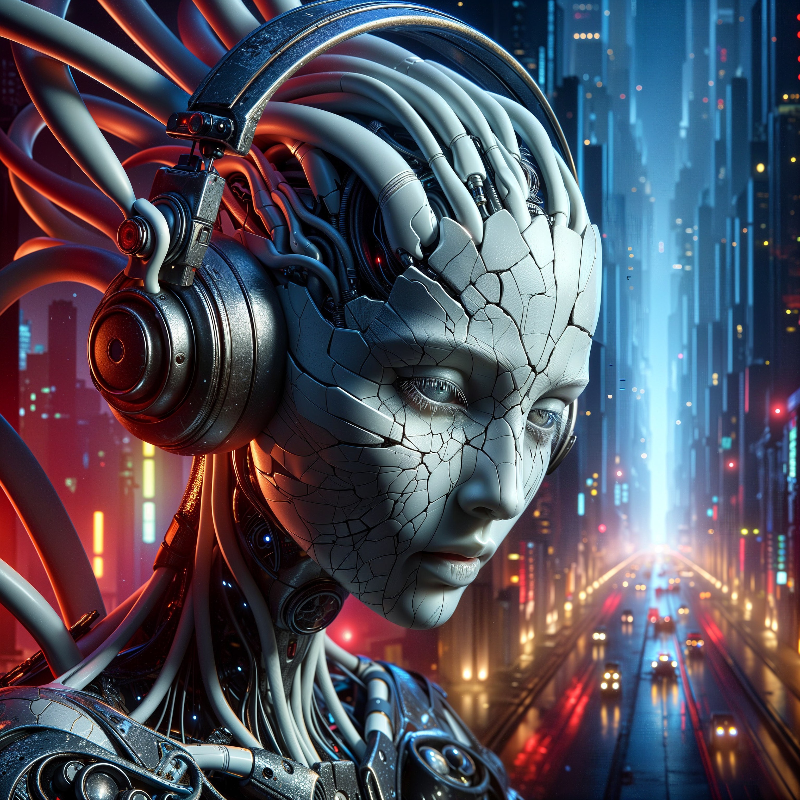 Futuristic Robot in Neon-Lit Cyberpunk Cityscape