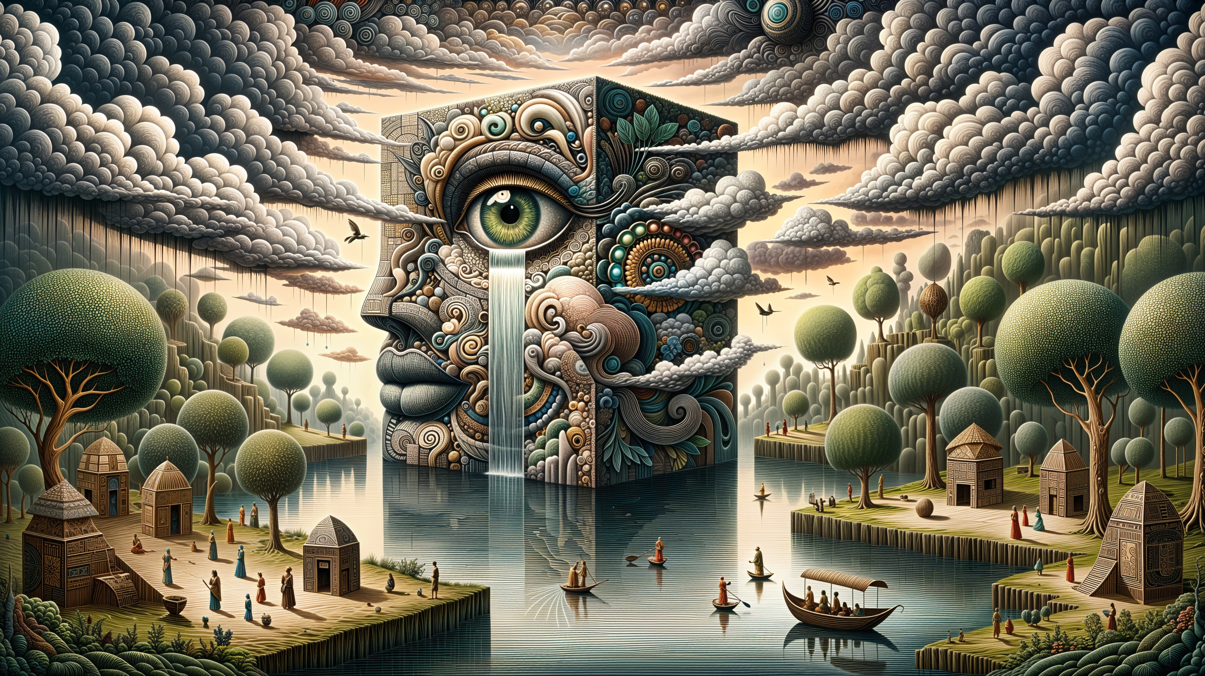 Surreal Landscape with Cube, Eye, and Serene Lake