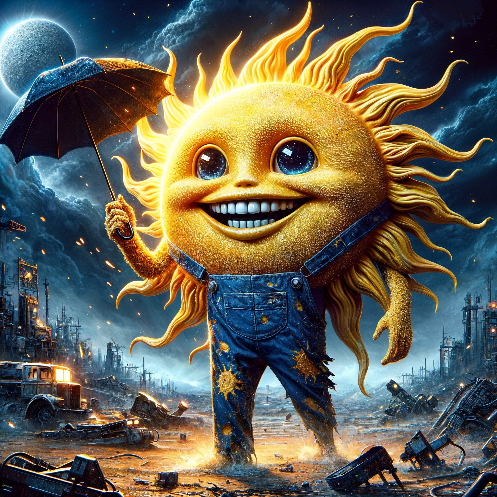 Cartoon Sun Character in Post-Apocalyptic Landscape