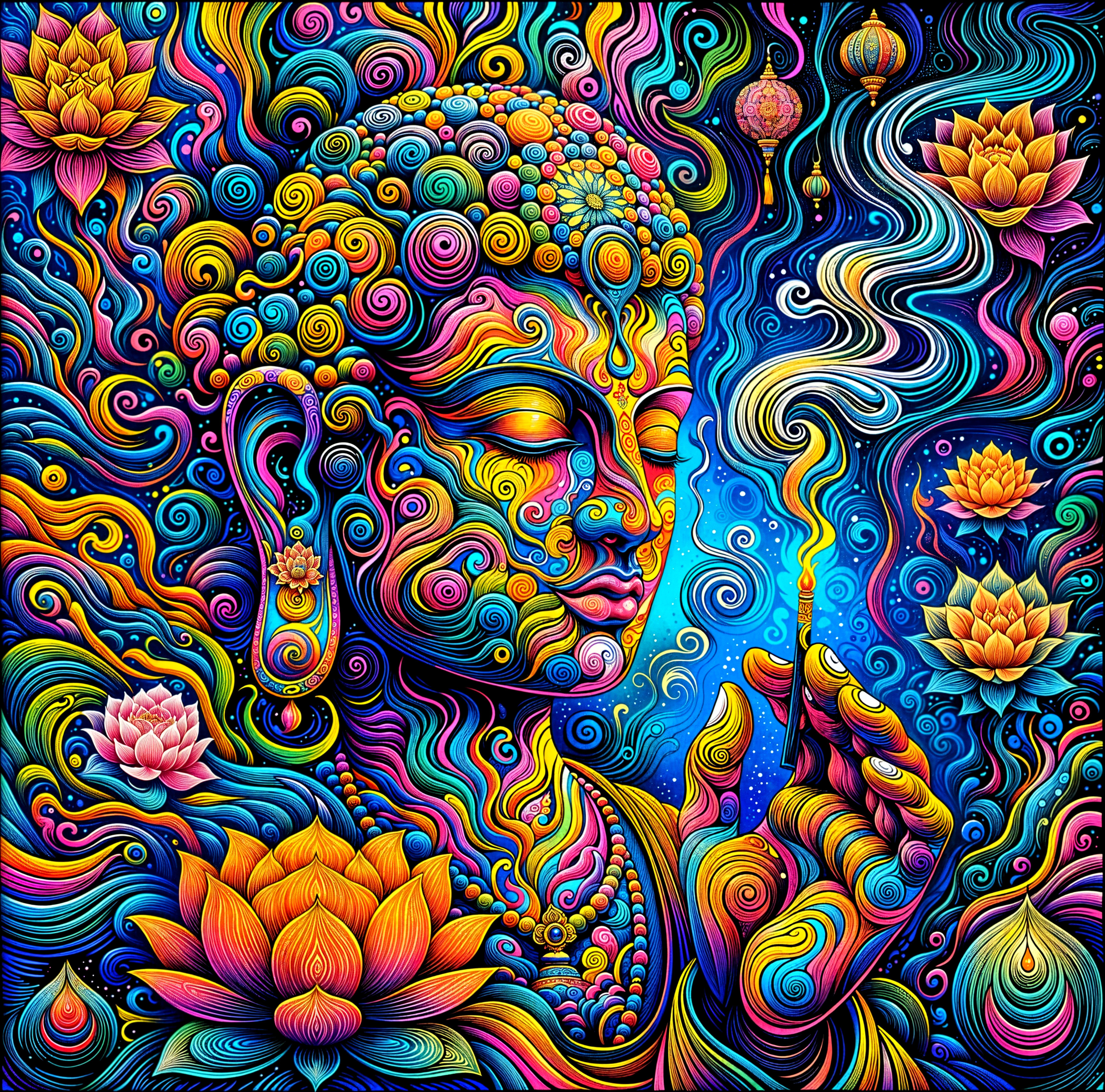 Colorful Illustration of a Serene Buddha Figure