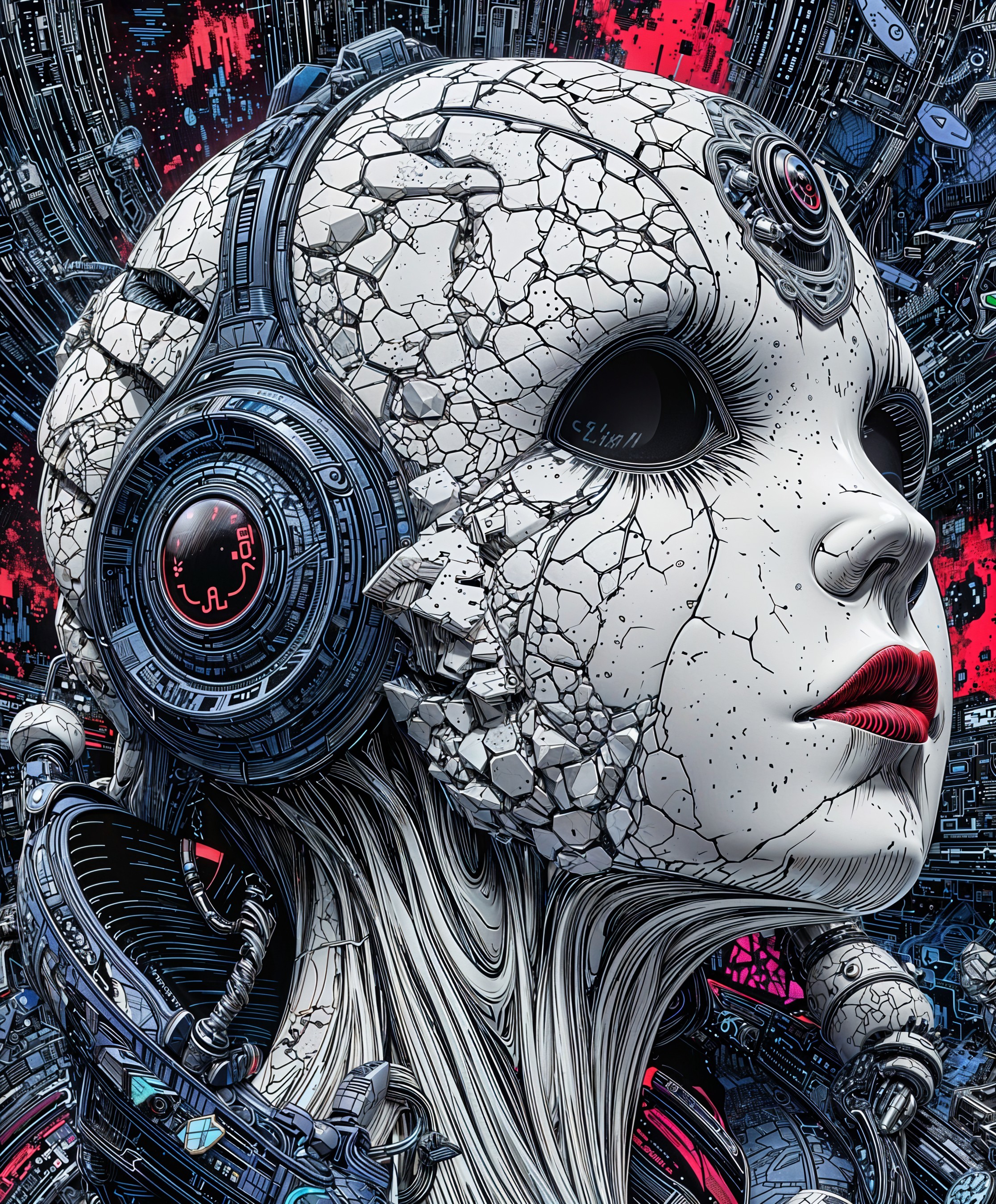 Futuristic Humanoid with Cracked Porcelain Face