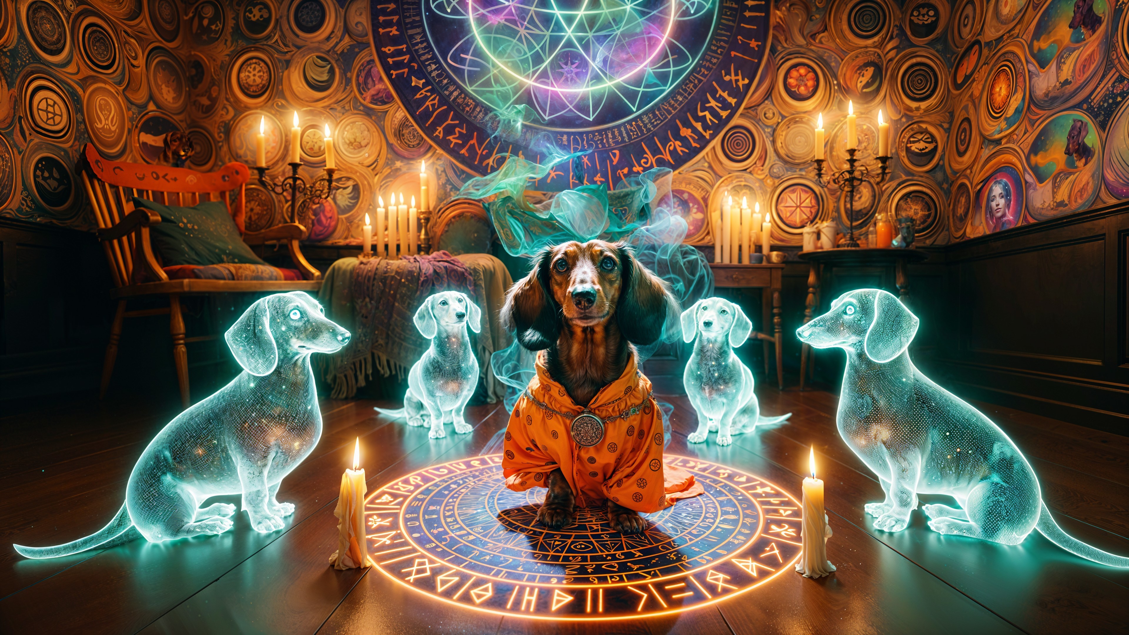 Dachshund in Robe Surrounded by Ghostly Companions