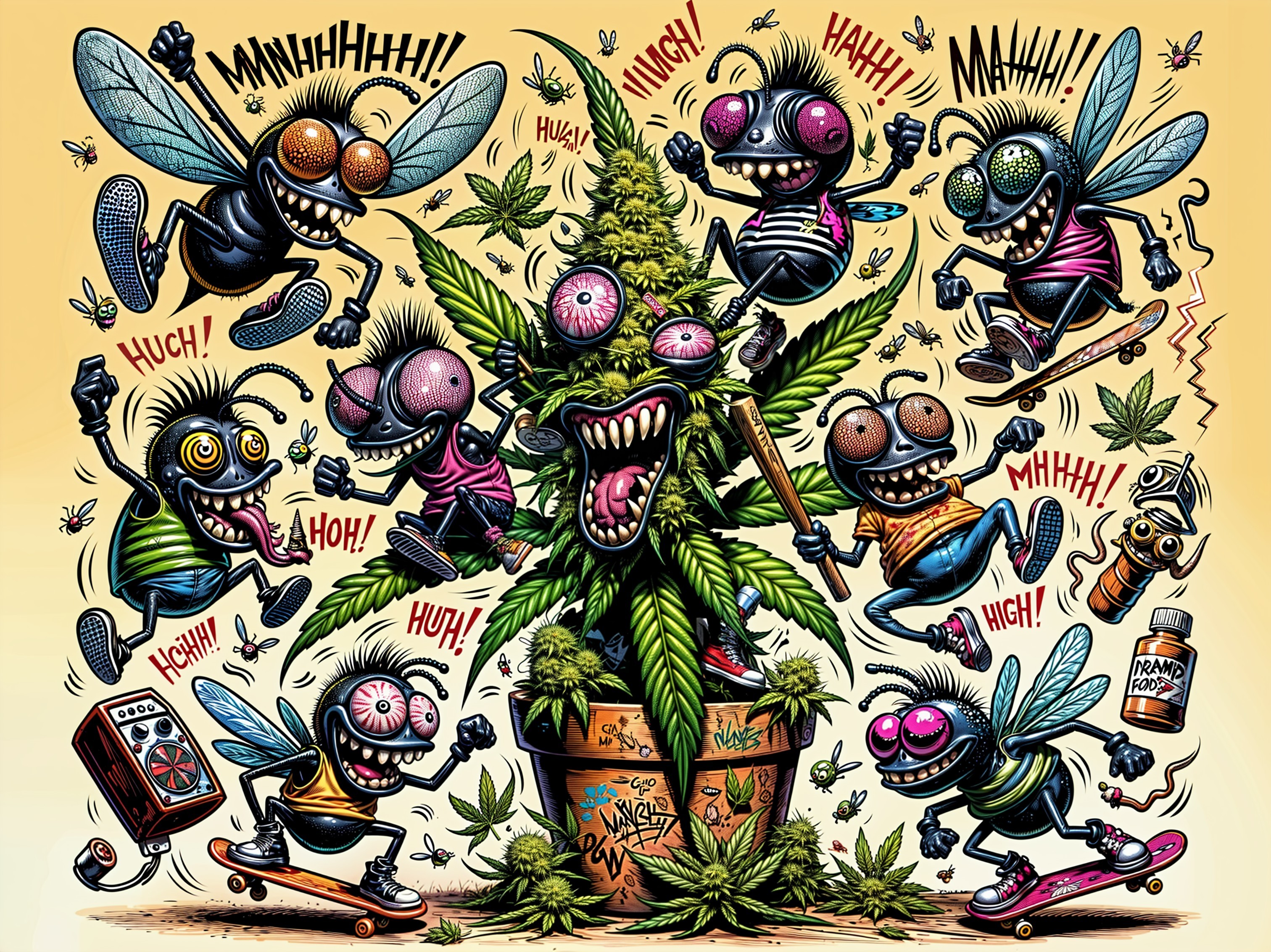 Playful Flies Celebrate Around Cannabis Plant Scene