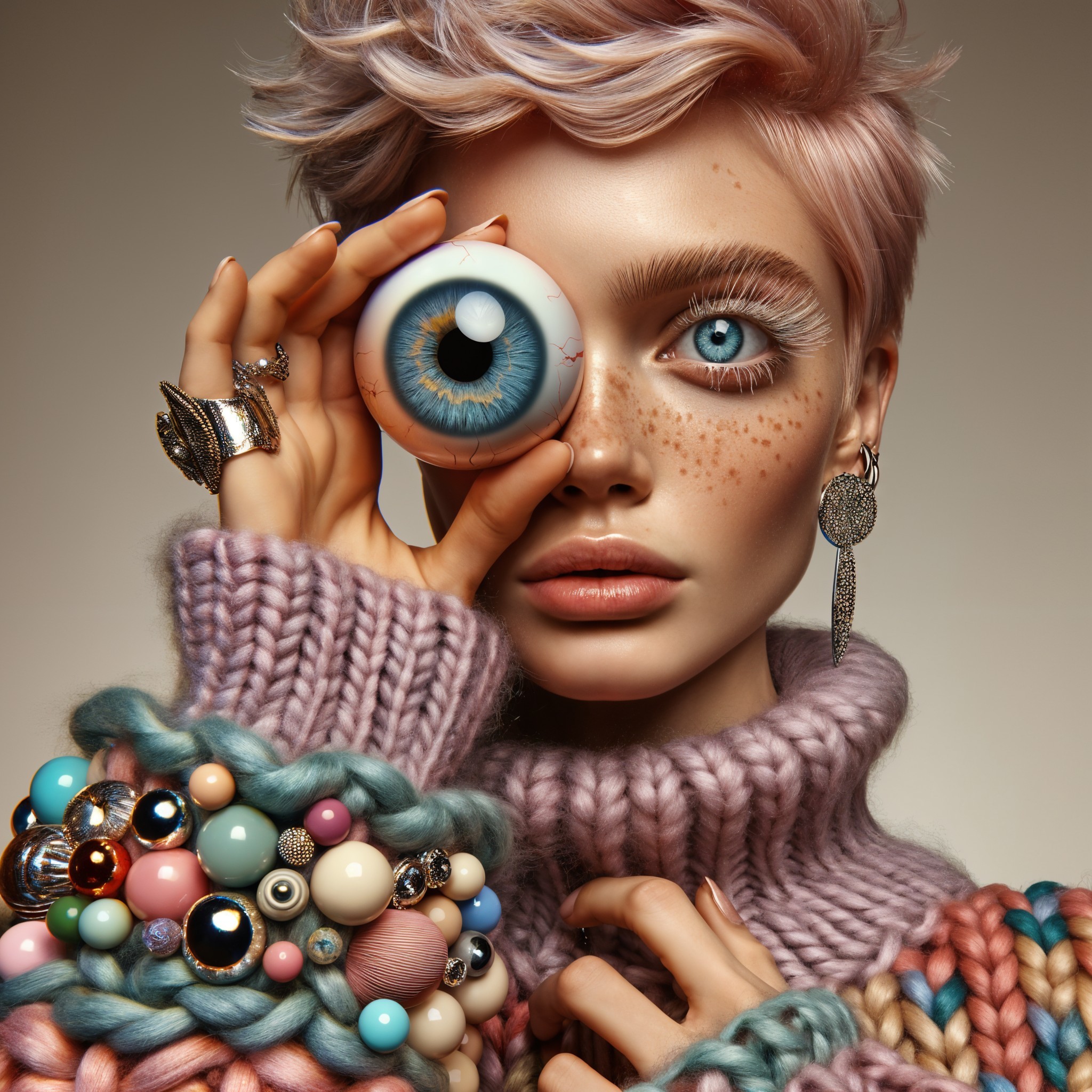 Portrait of a model with pastel pink hair and props