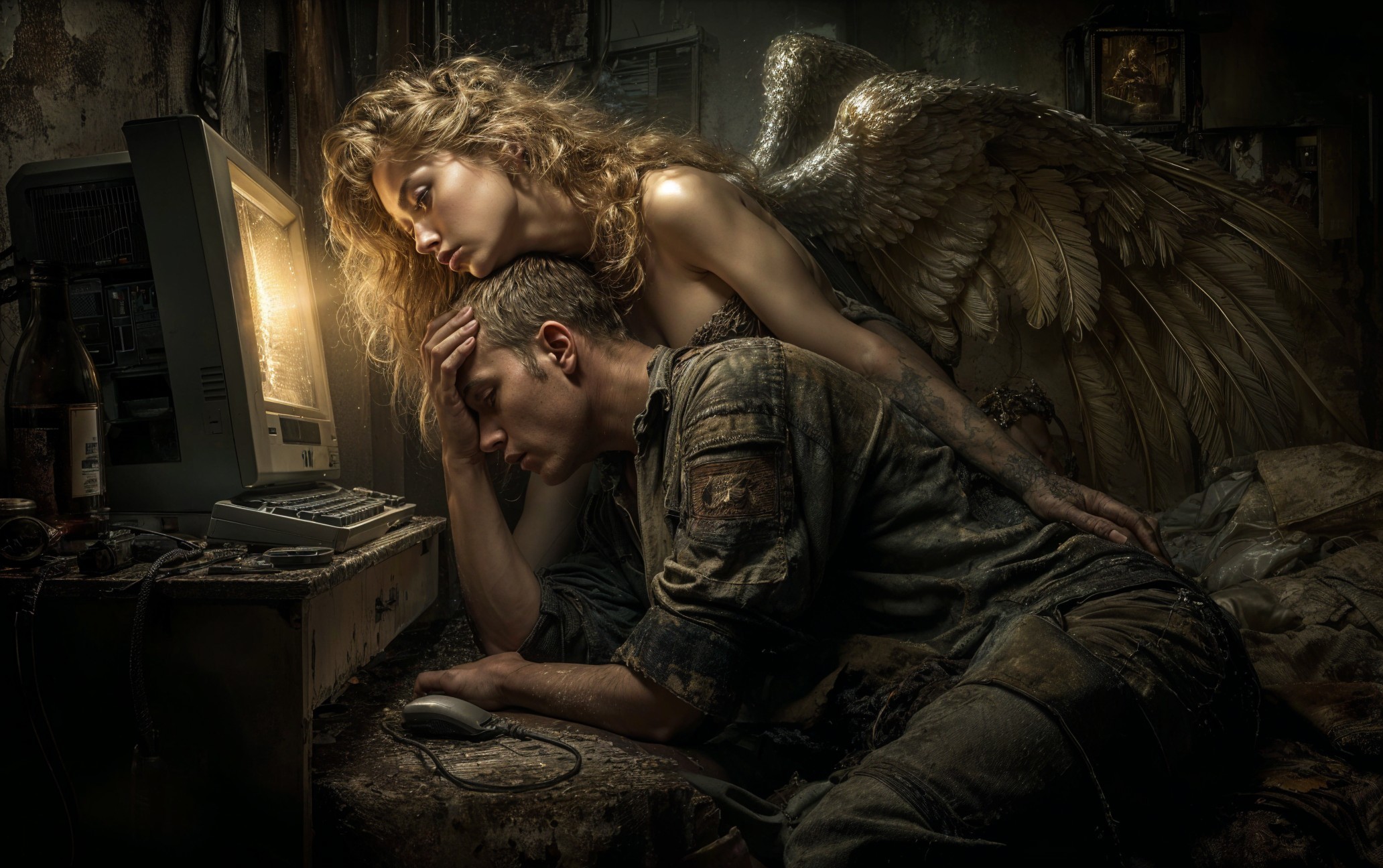 Contrast of Despair and Hope in a Dimly Lit Room