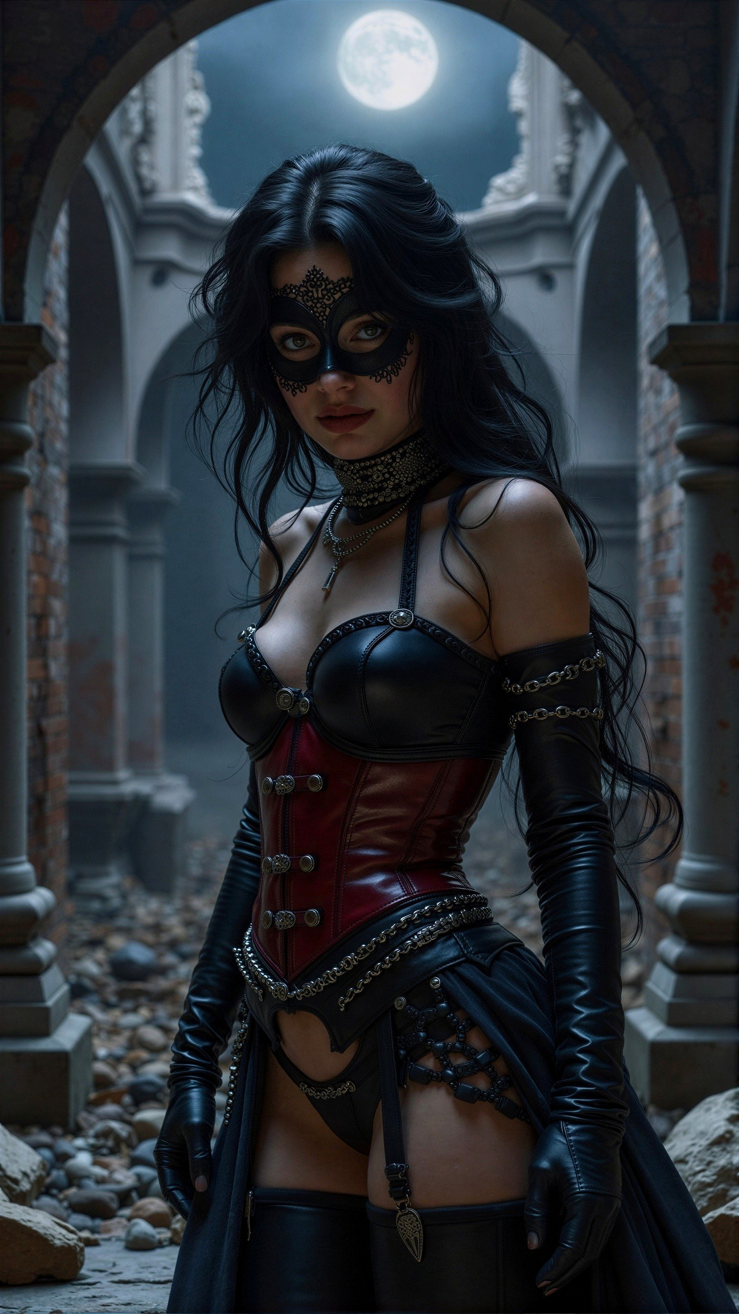 Full-Body Fantasy Art of Woman in Corset and Mask