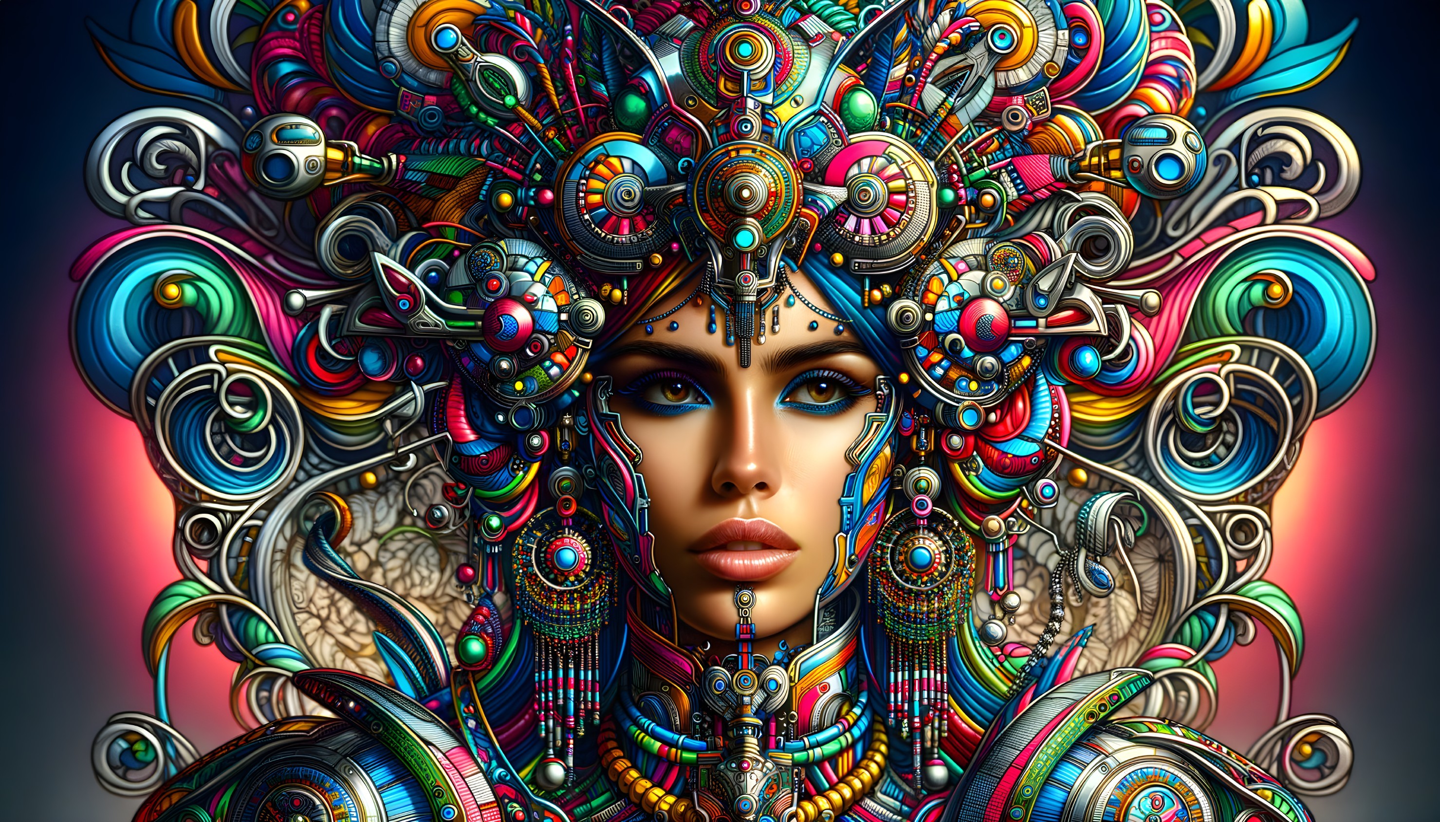 Colorful digital artwork: Woman with intricate mechanical headdress