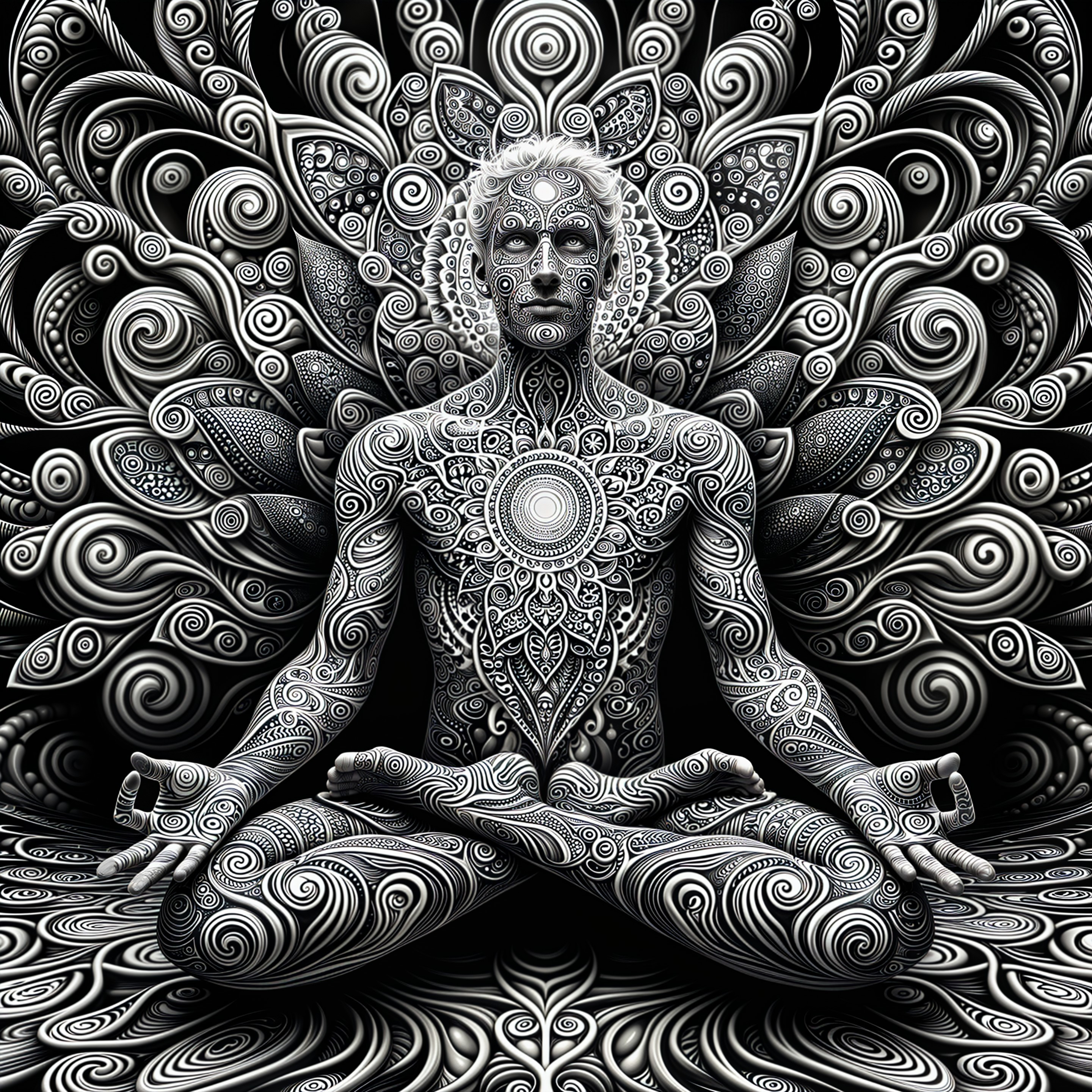 Meditative Figure with Floral Patterns in Black and White