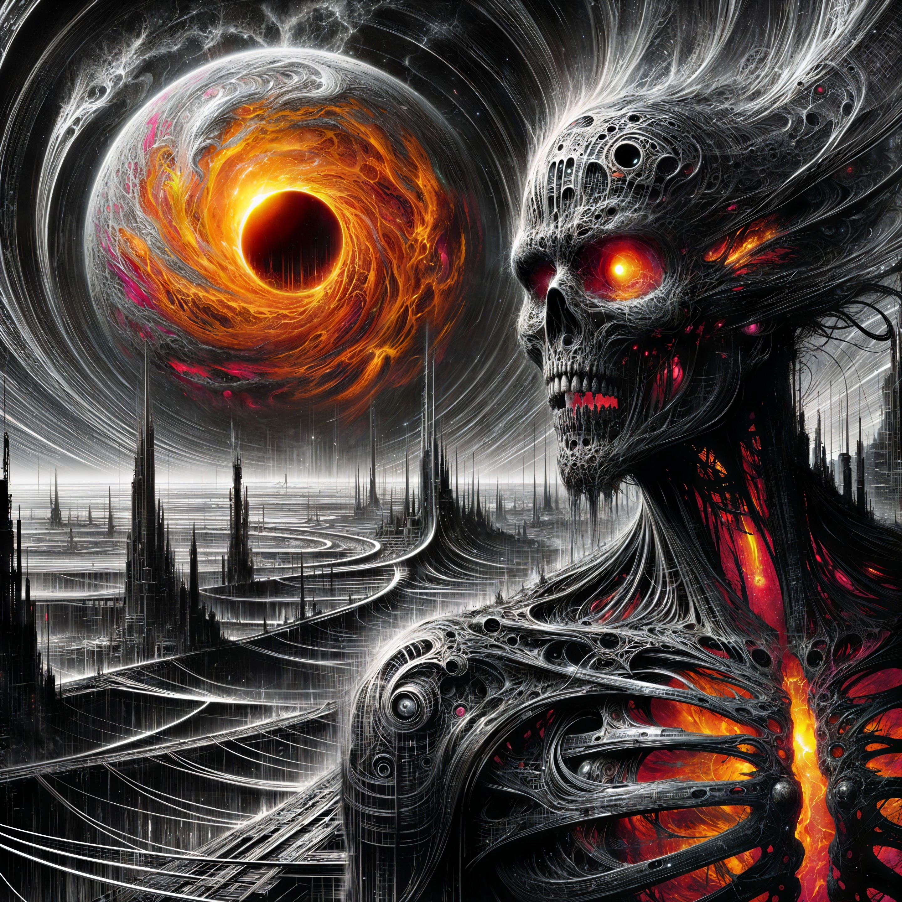 Surreal Landscape with Skeletal Machinery and Black Hole