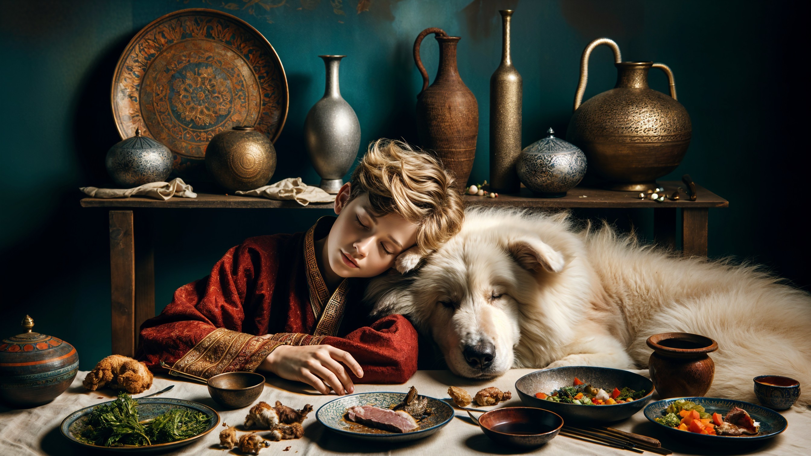 Young Boy and Dog in Cozy Dining Setting