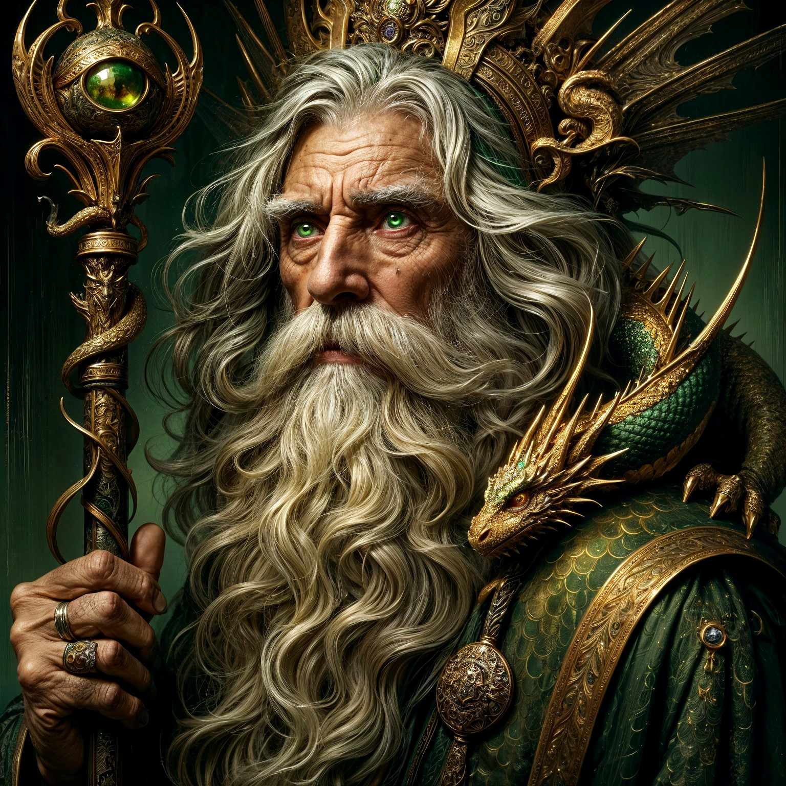 Elderly King with Silver Hair and Dragon Companion