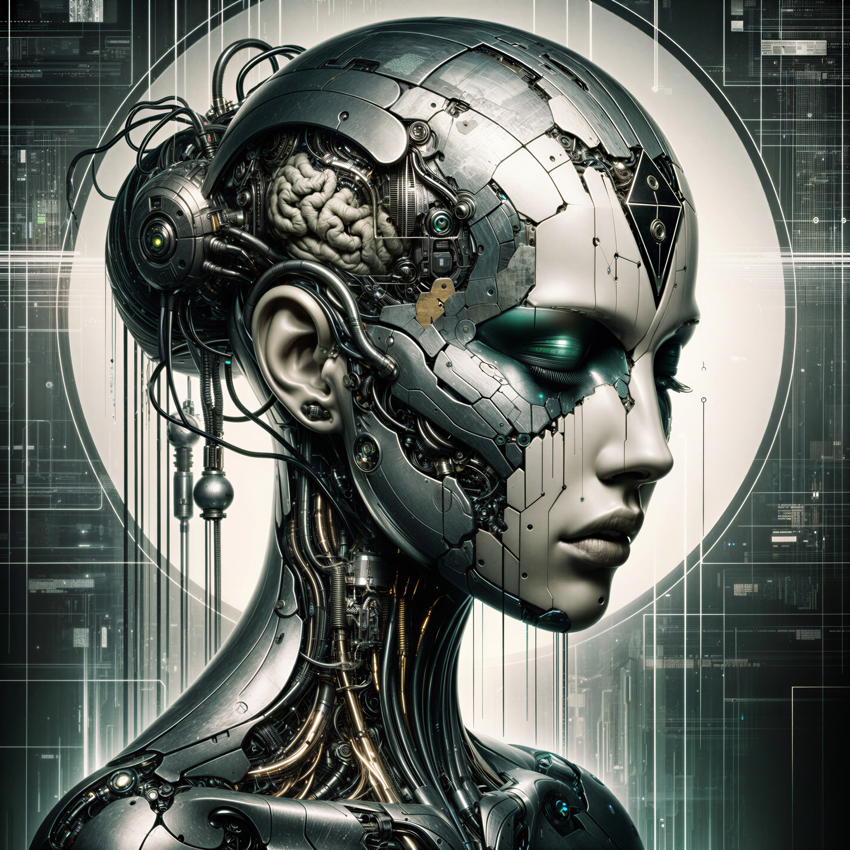 Futuristic humanoid robot with transparent head and circuitry