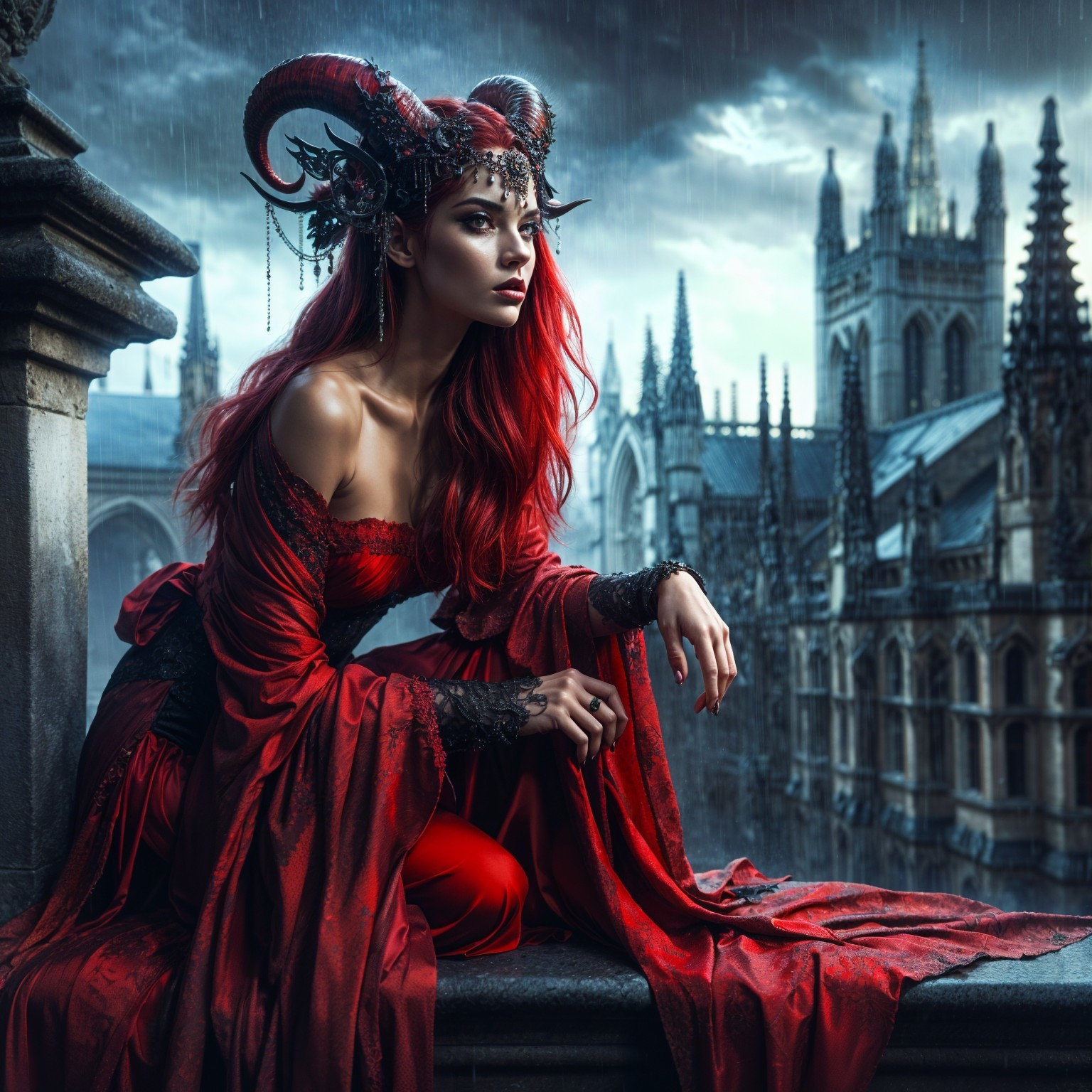 Red Gown Figure in Gothic Architecture Setting