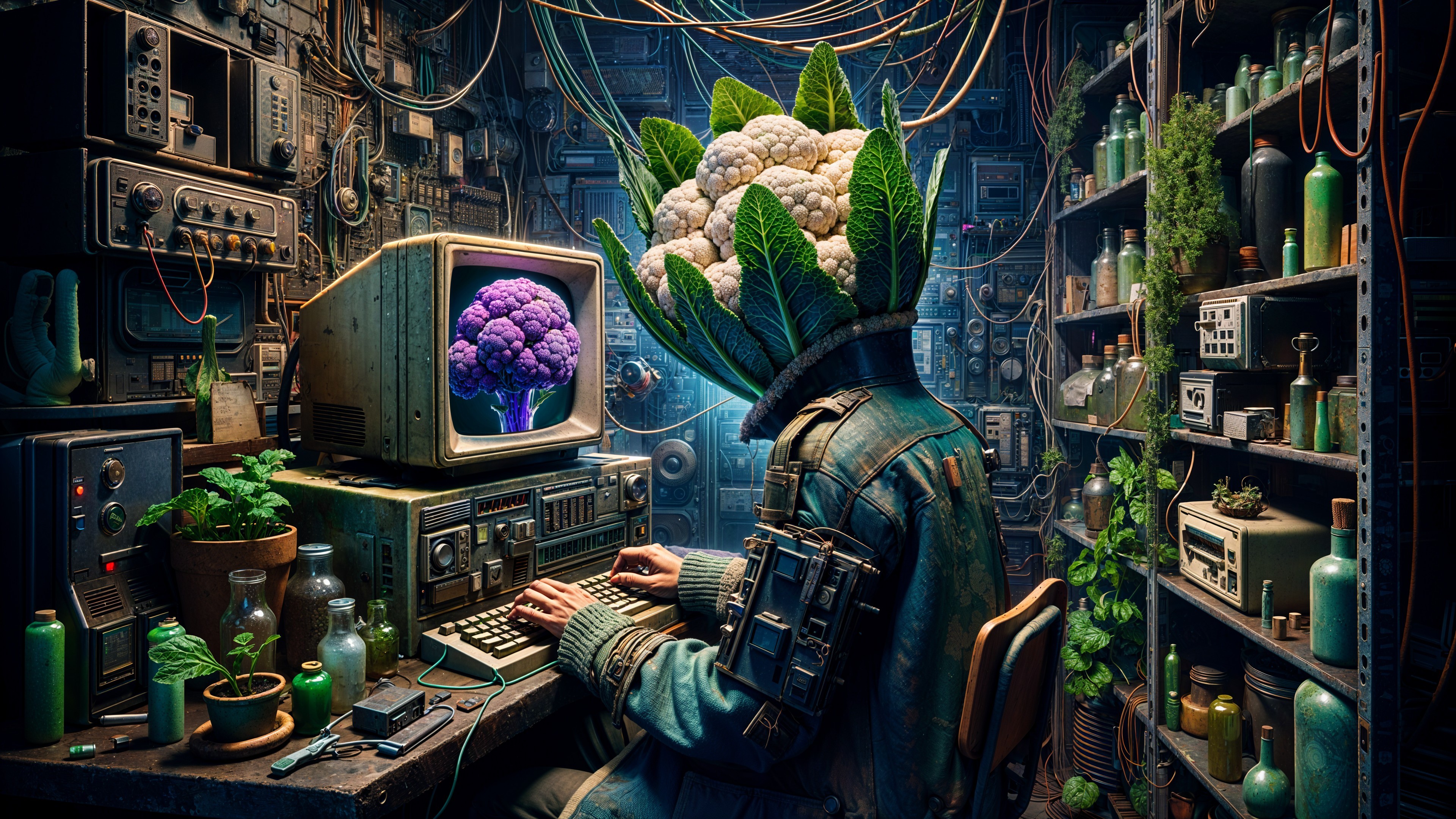Retro-Futuristic Workspace with Cauliflower Head Figure