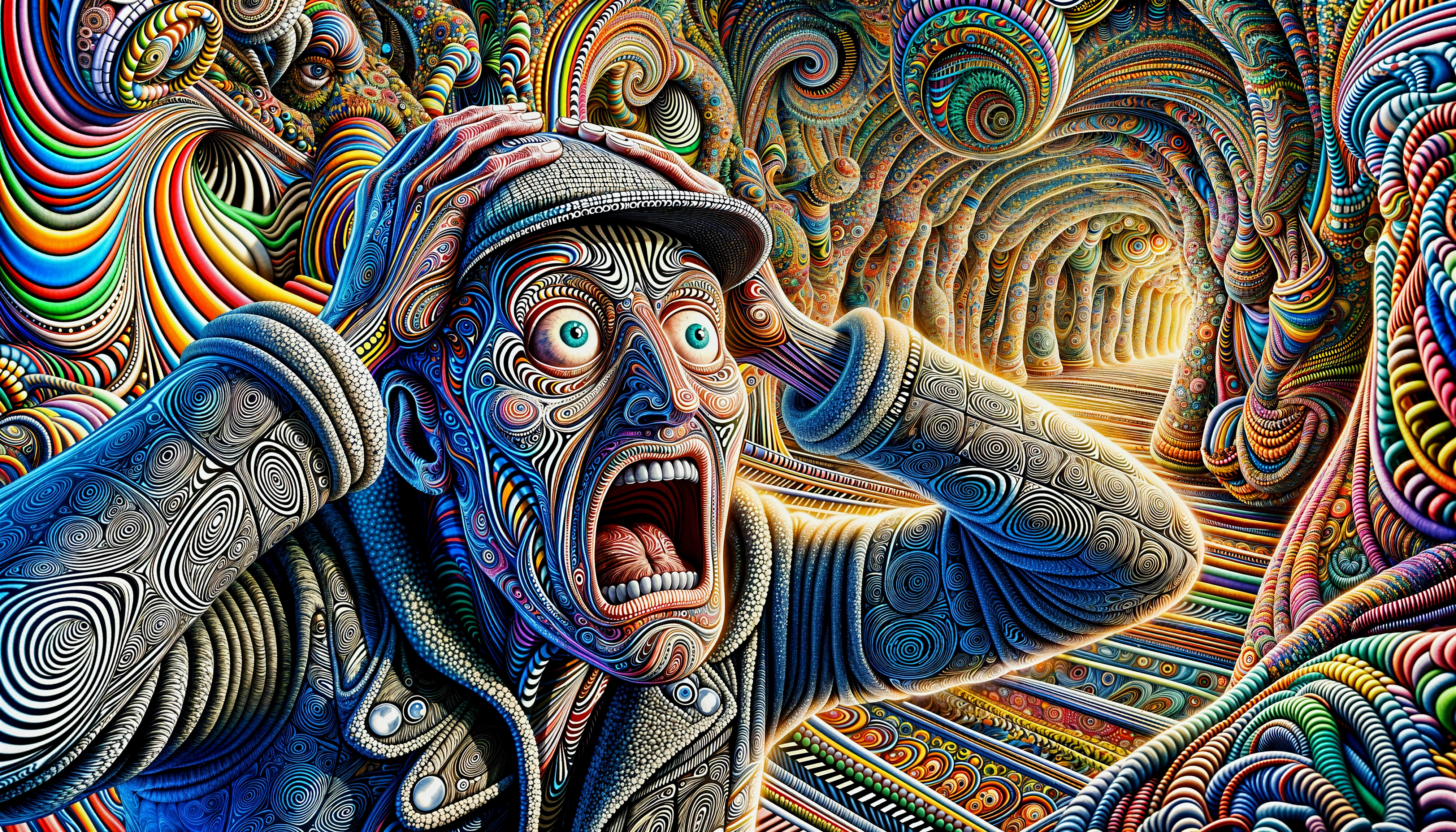 Man in Distress Surrounded by Vibrant Psychedelic Patterns