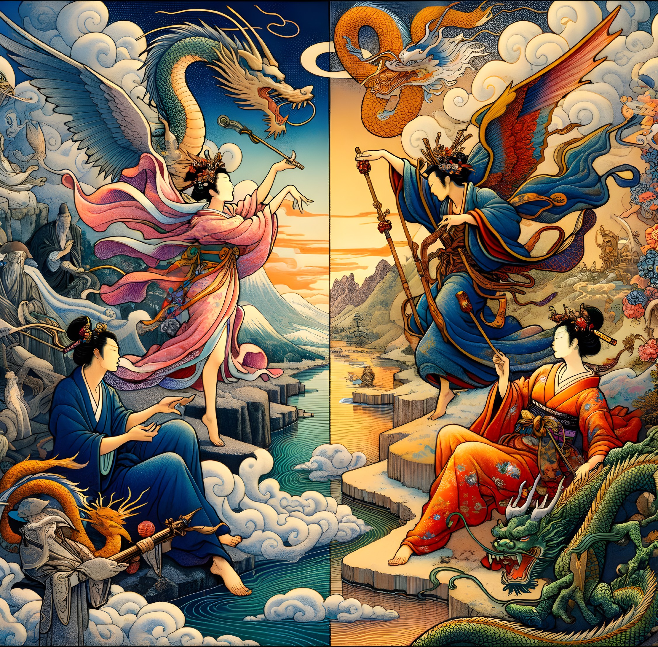 Mythological beings face dragon and phoenix in vibrant illustration