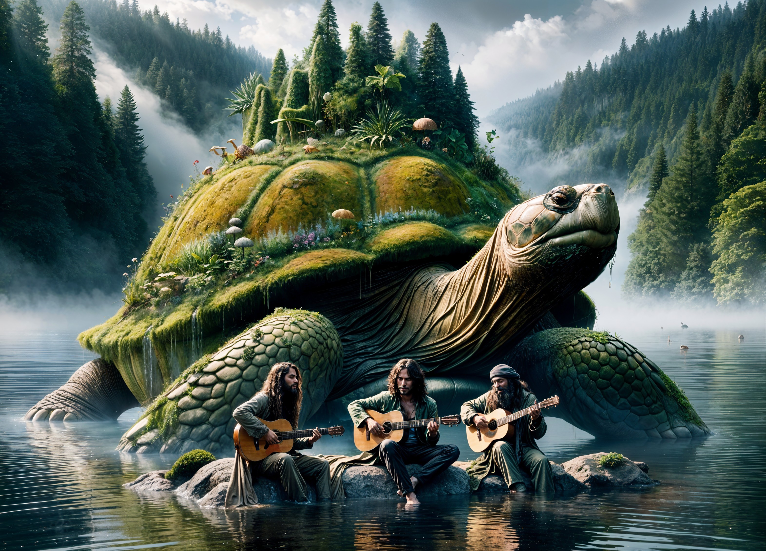 Giant turtle with musicians in a tranquil landscape