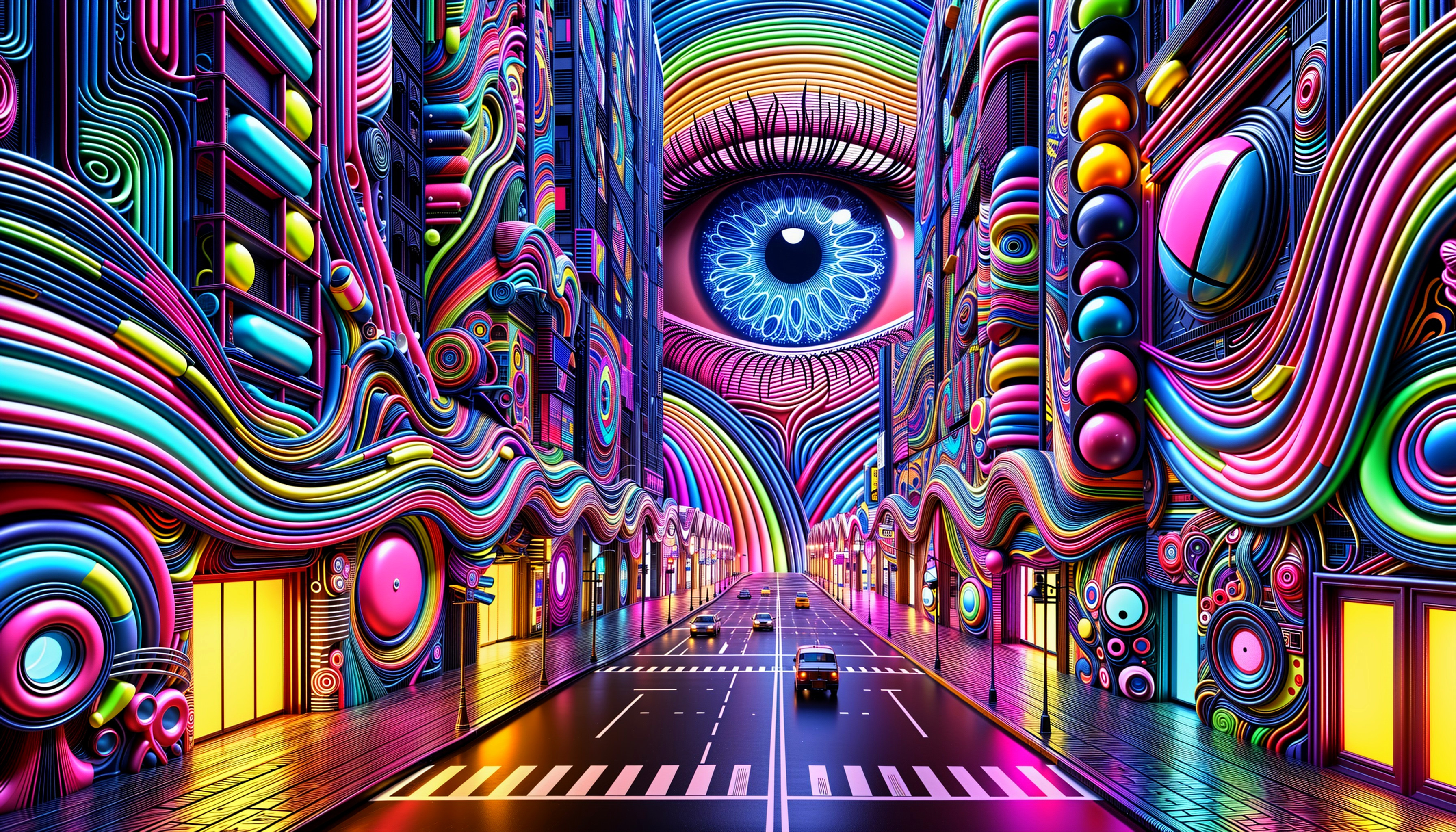 Surreal Cityscape with Colorful Patterns and Eye