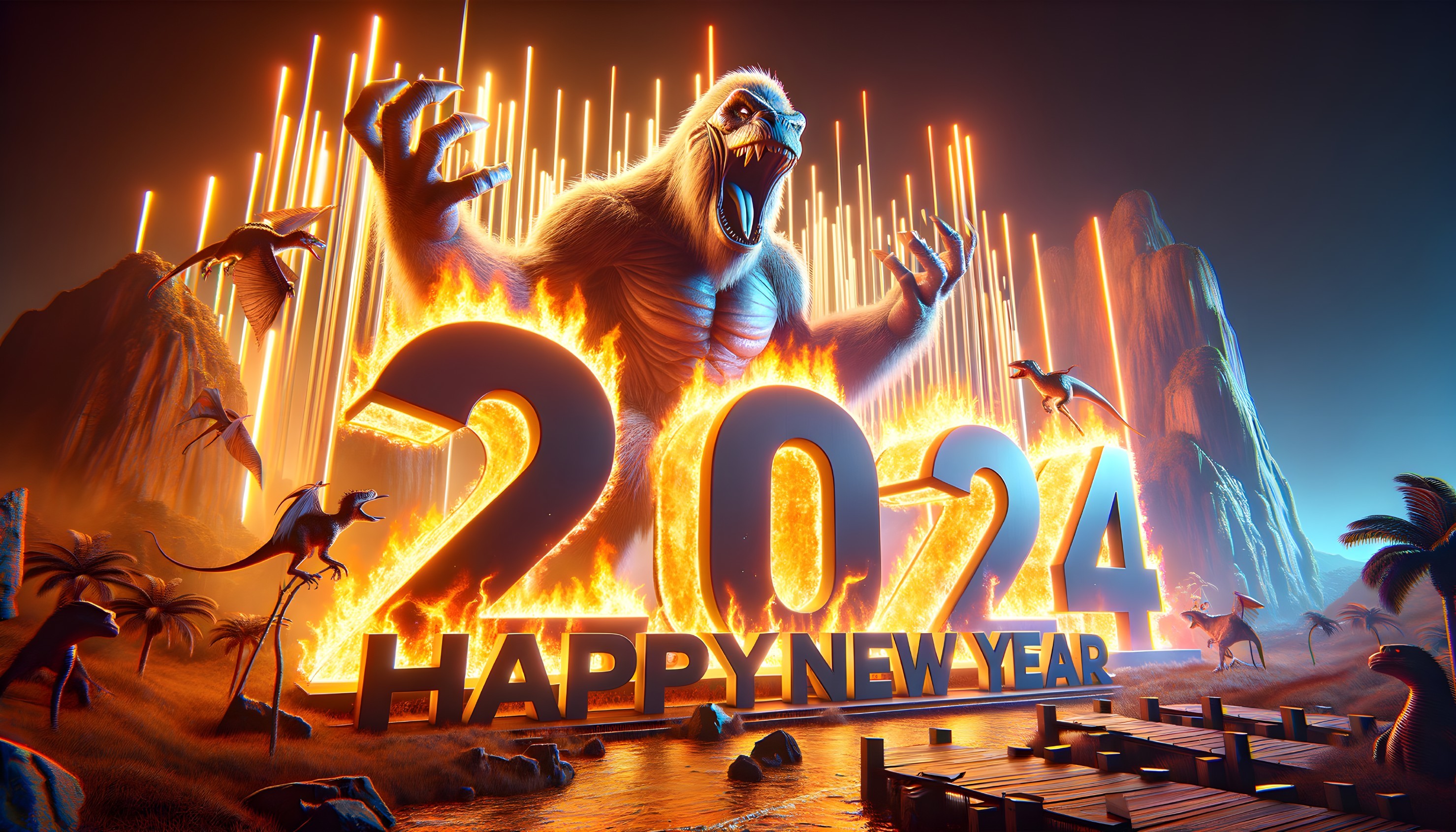 Colorful New Year's Eve scene with roaring gorilla, flaming '2024', and partying