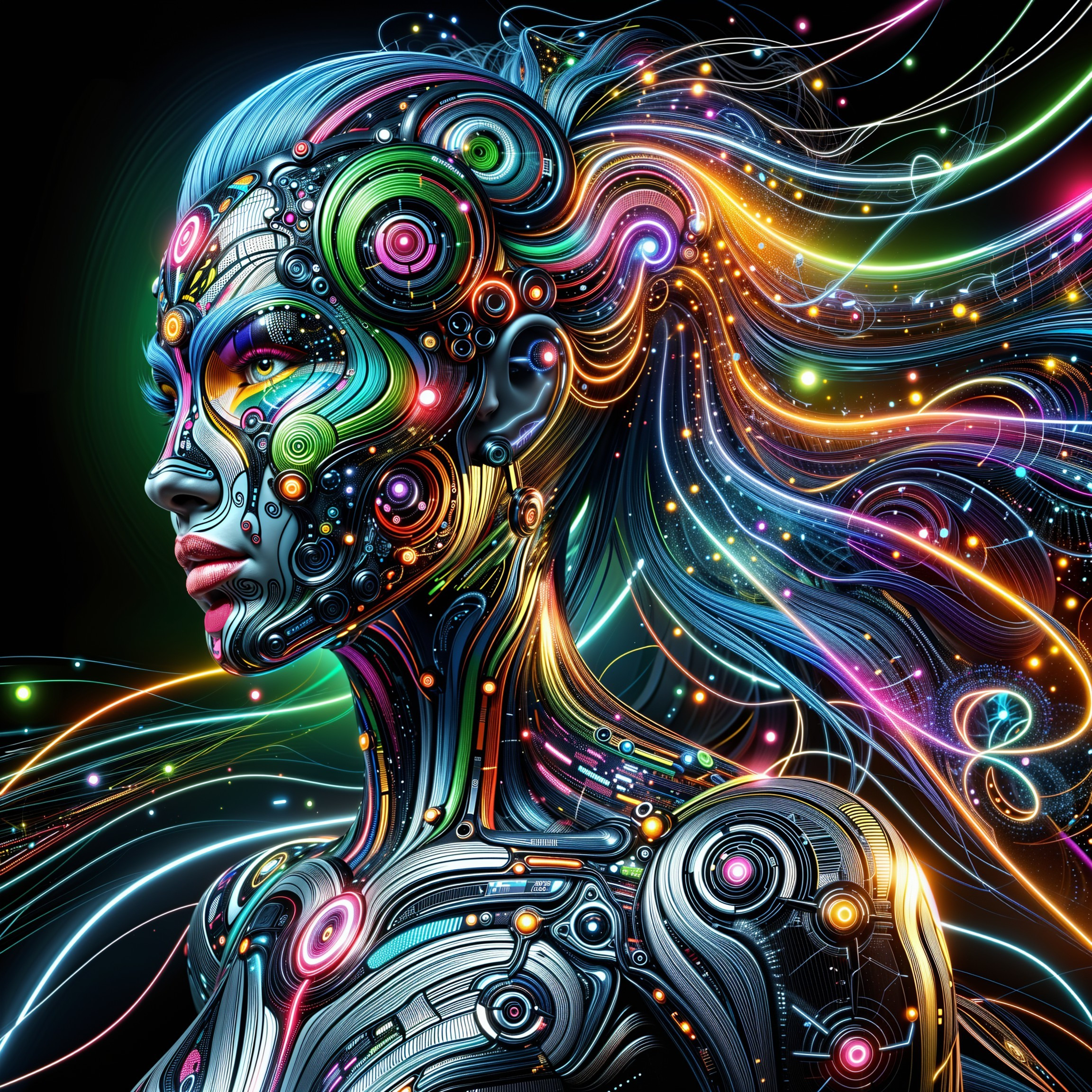 Futuristic Cybernetic Female Figure with Vibrant Circuits