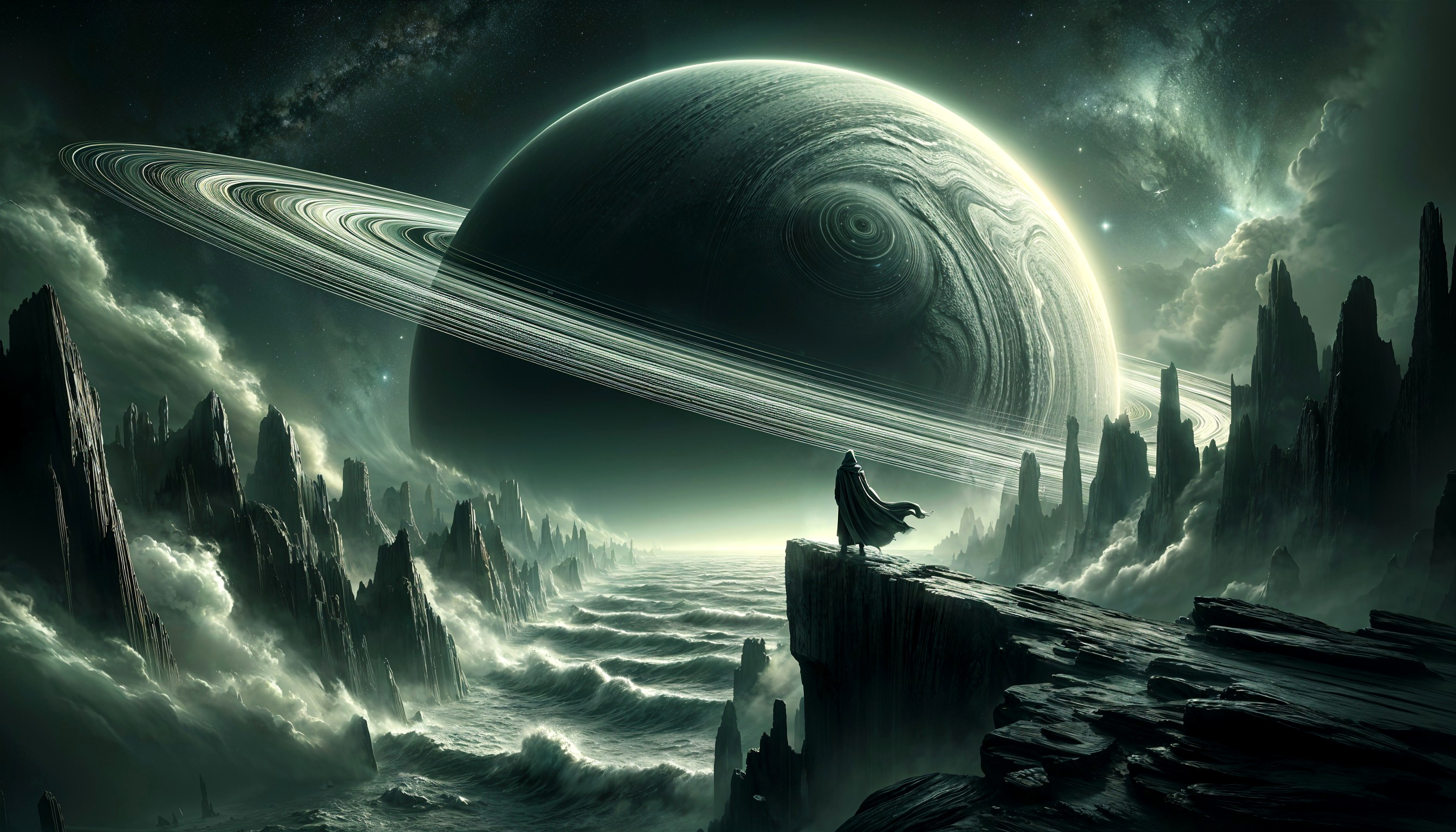 Mysterious Figure Overlooks Alien Ocean and Planet