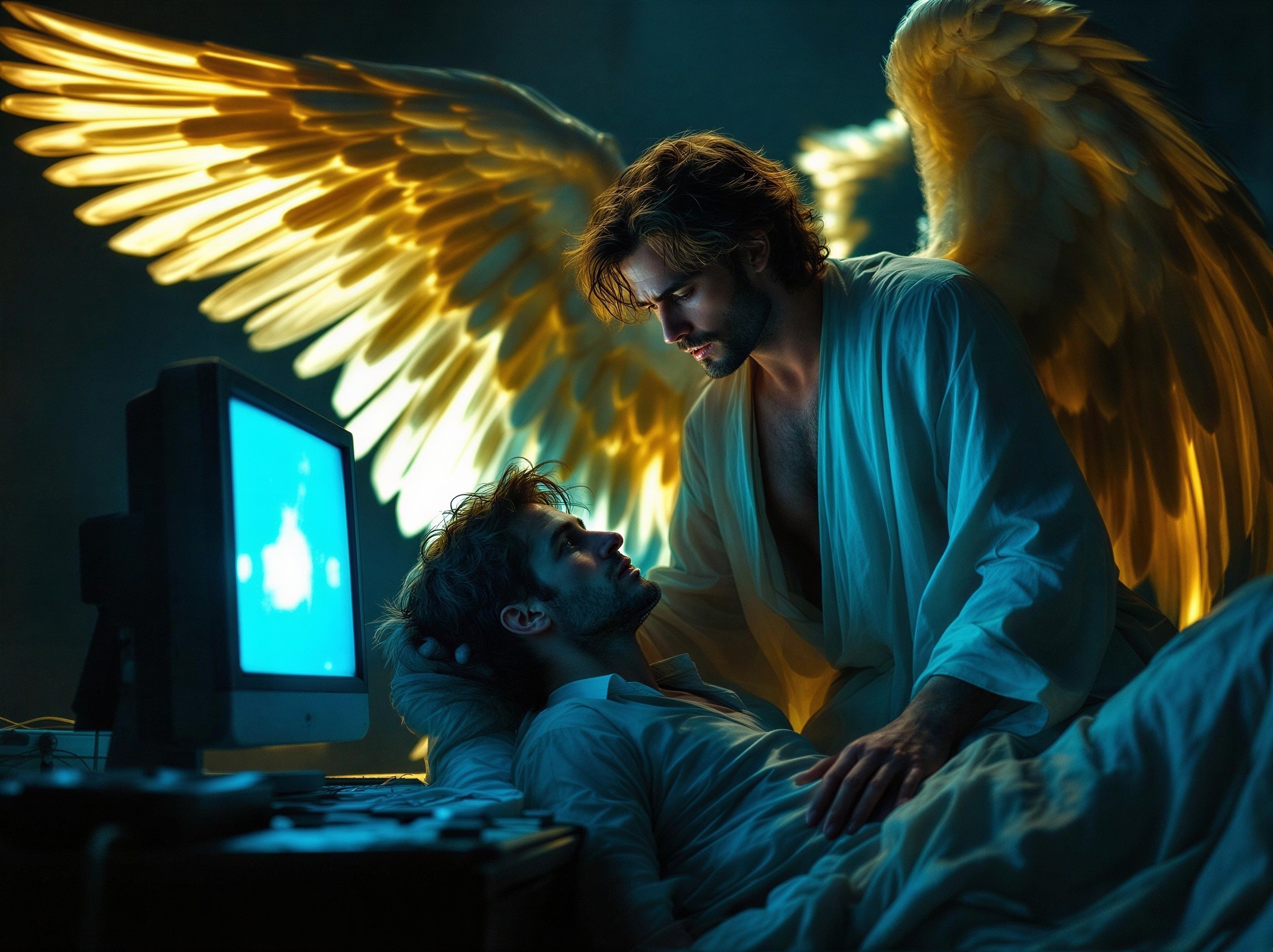 Ethereal Figure with Luminous Wings in Dim Room