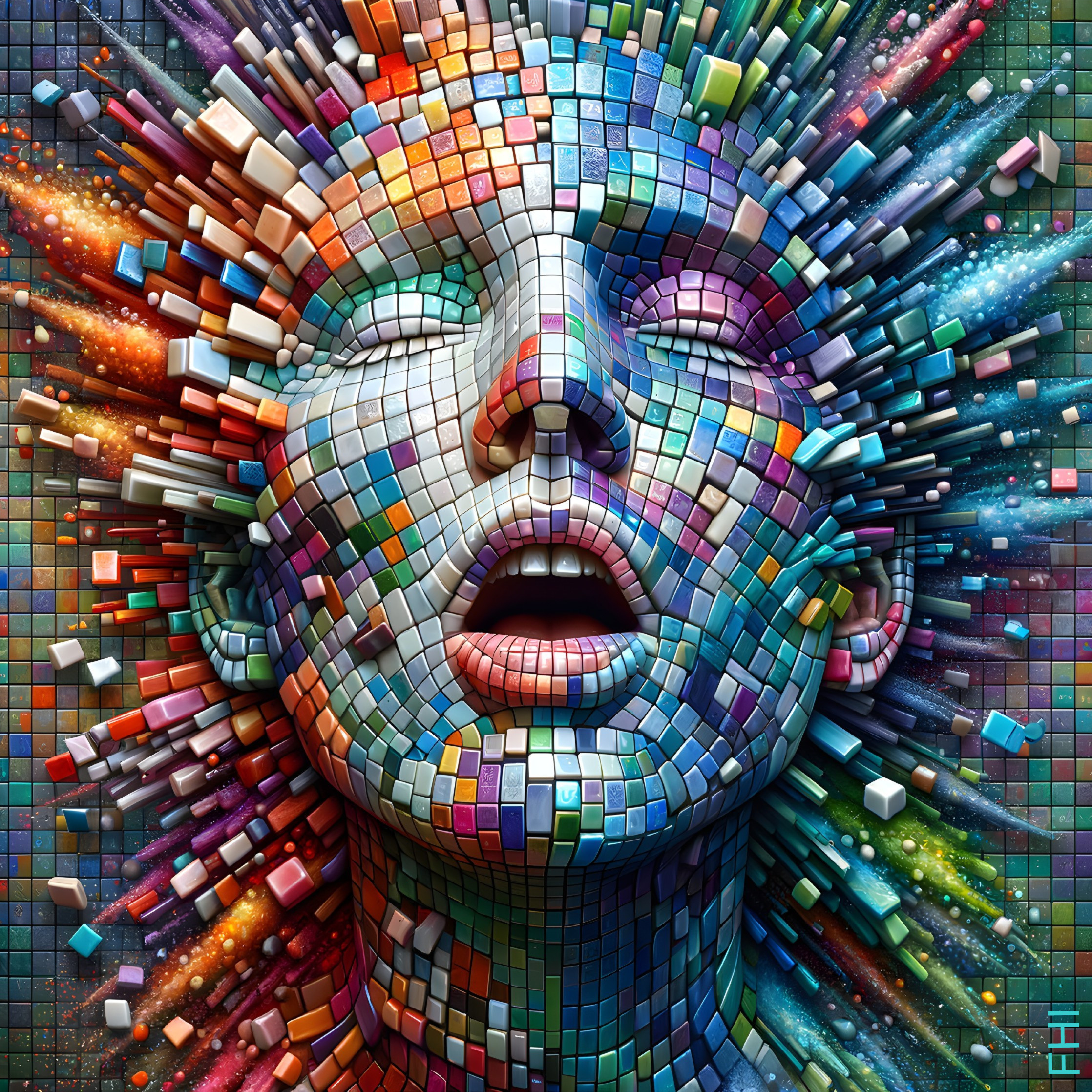 Abstract Sculpture of a Face in Colorful Mosaic