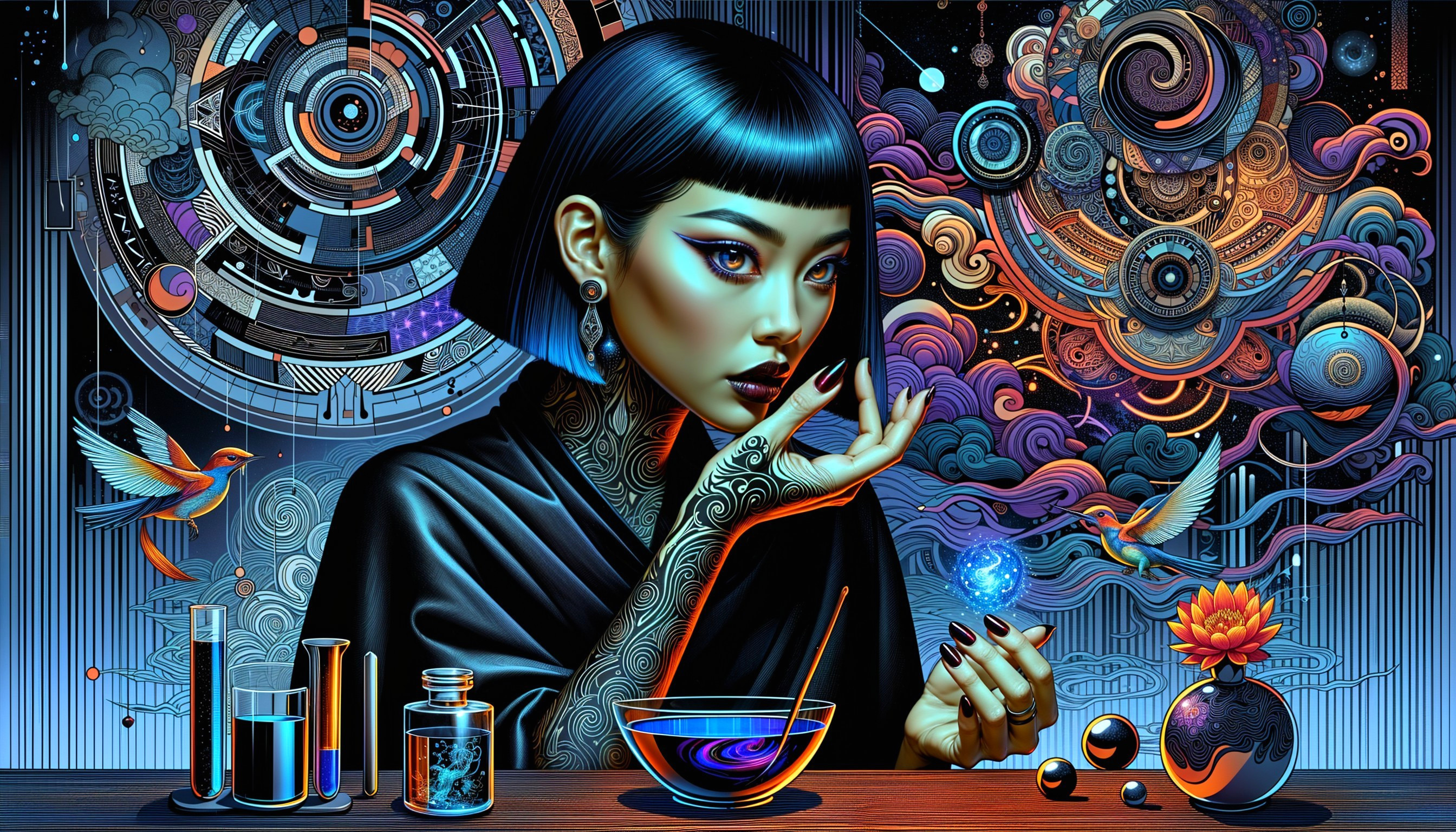 Mystical Woman with Tattoos and Glowing Orb