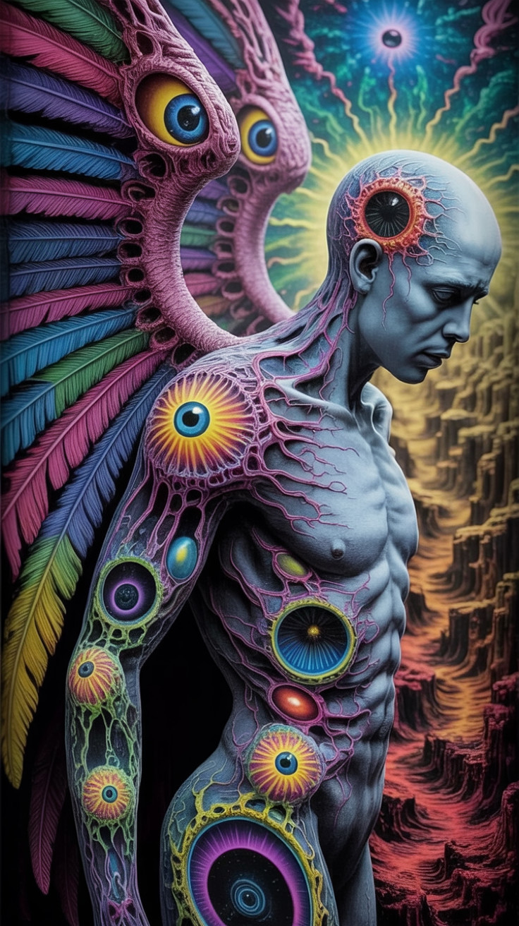 Surreal Humanoid Figure with Colorful Patterns and Wings