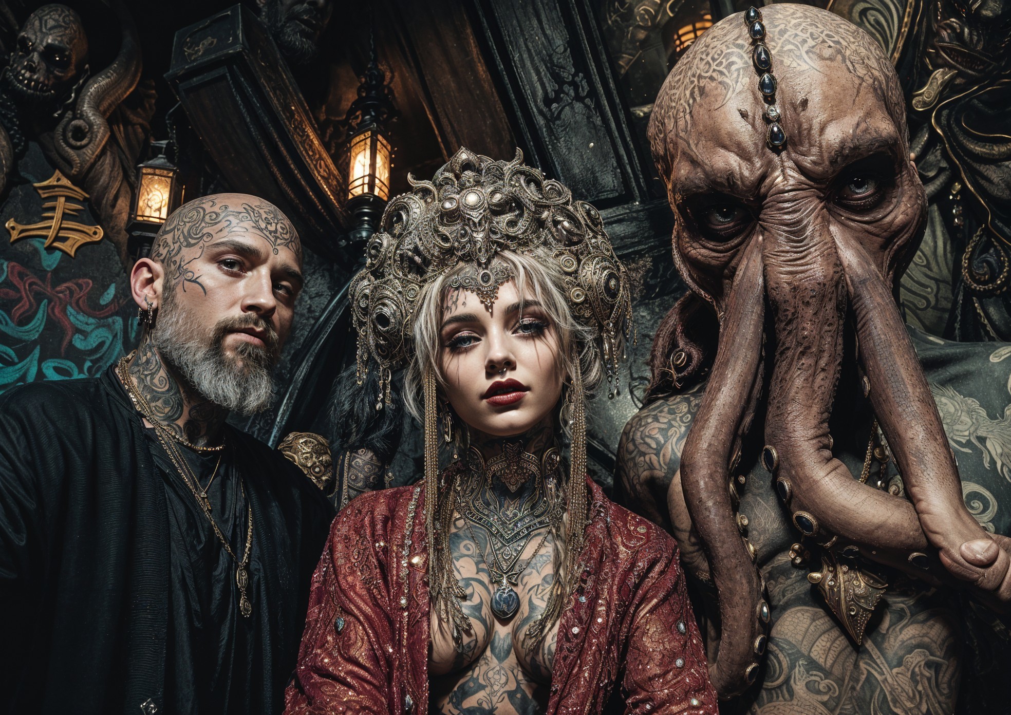 Tattooed Individuals in Dark Gothic Setting