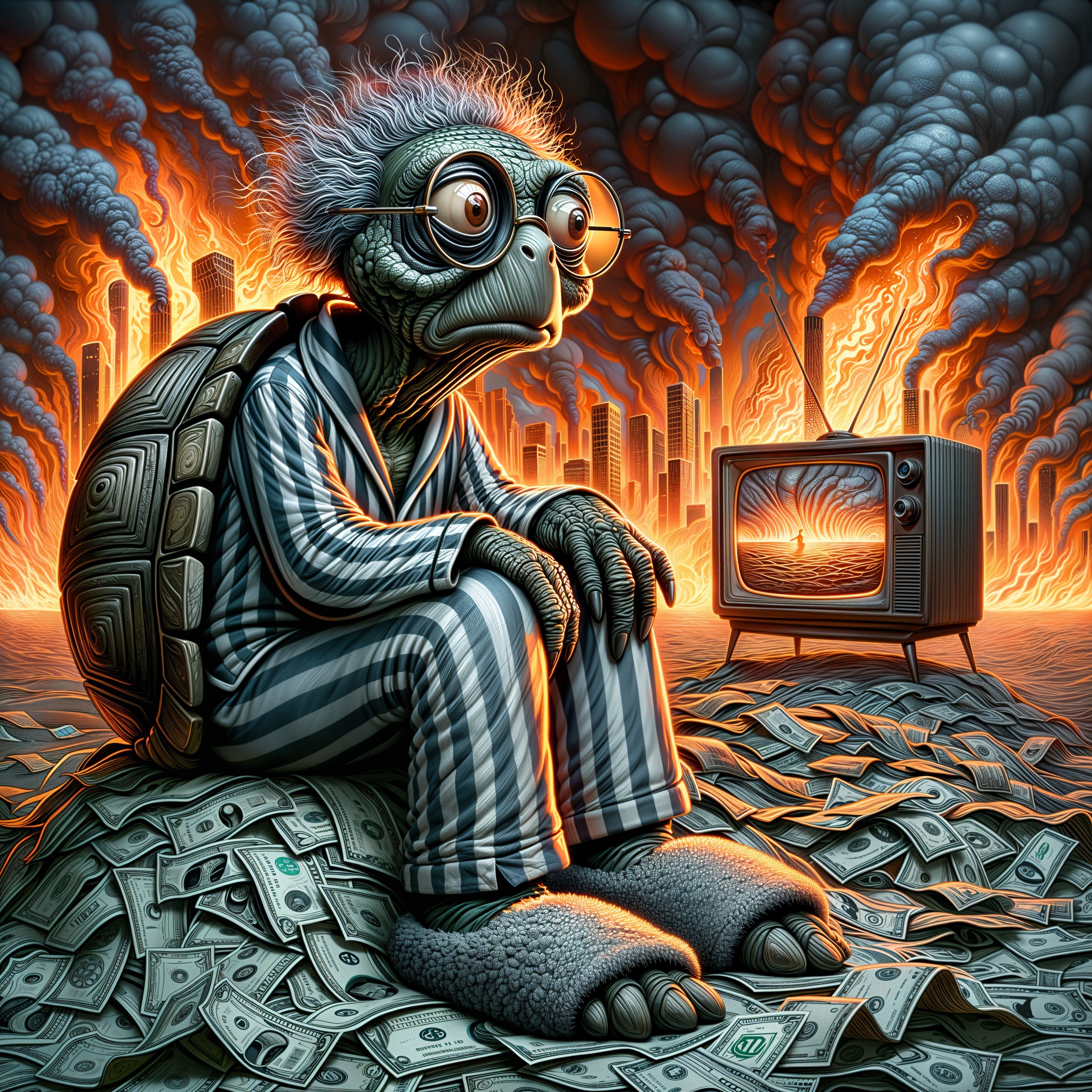 Turtle in Pajamas Surrounded by Money and Flames