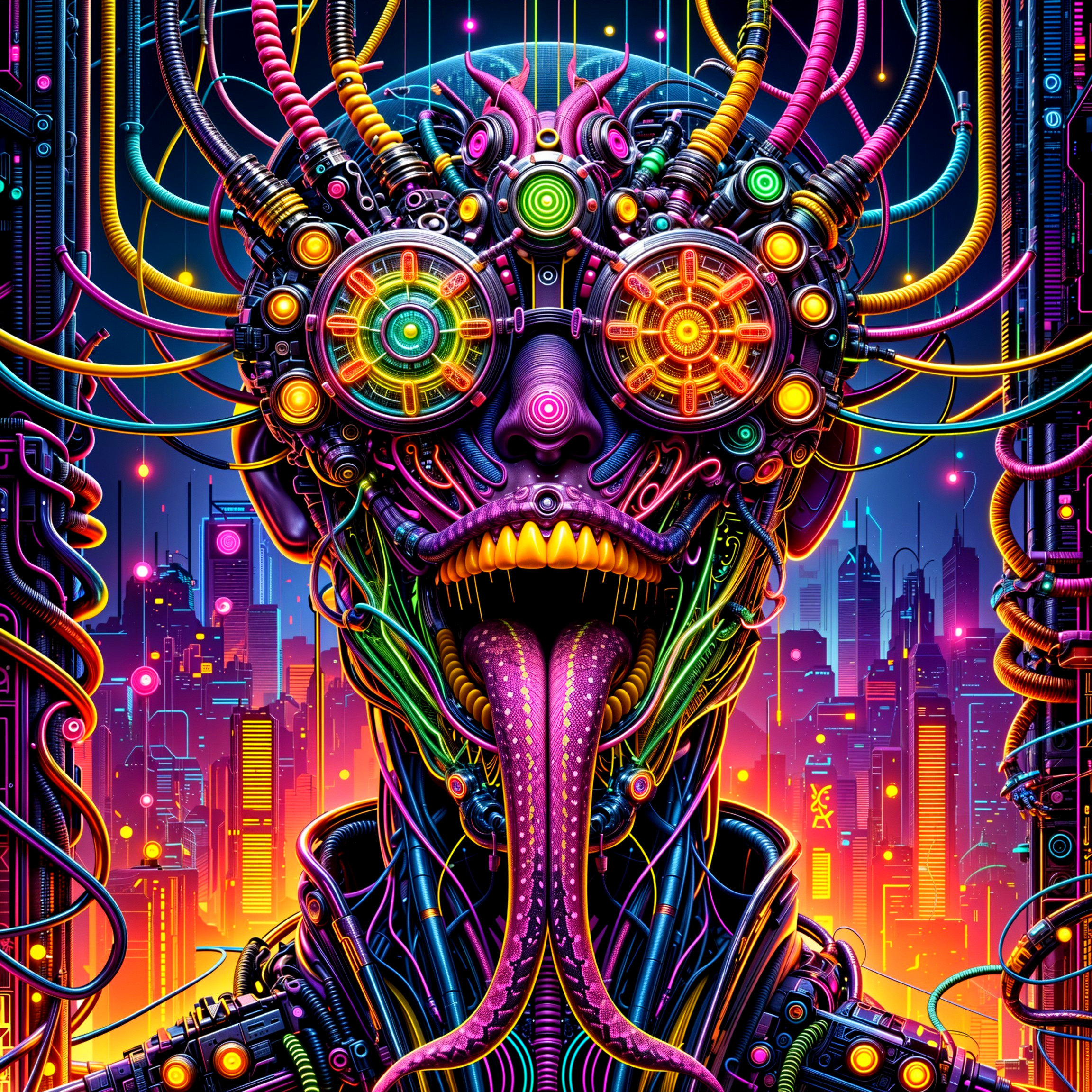 Humanoid Figure with Cybernetic Enhancements in Cityscape