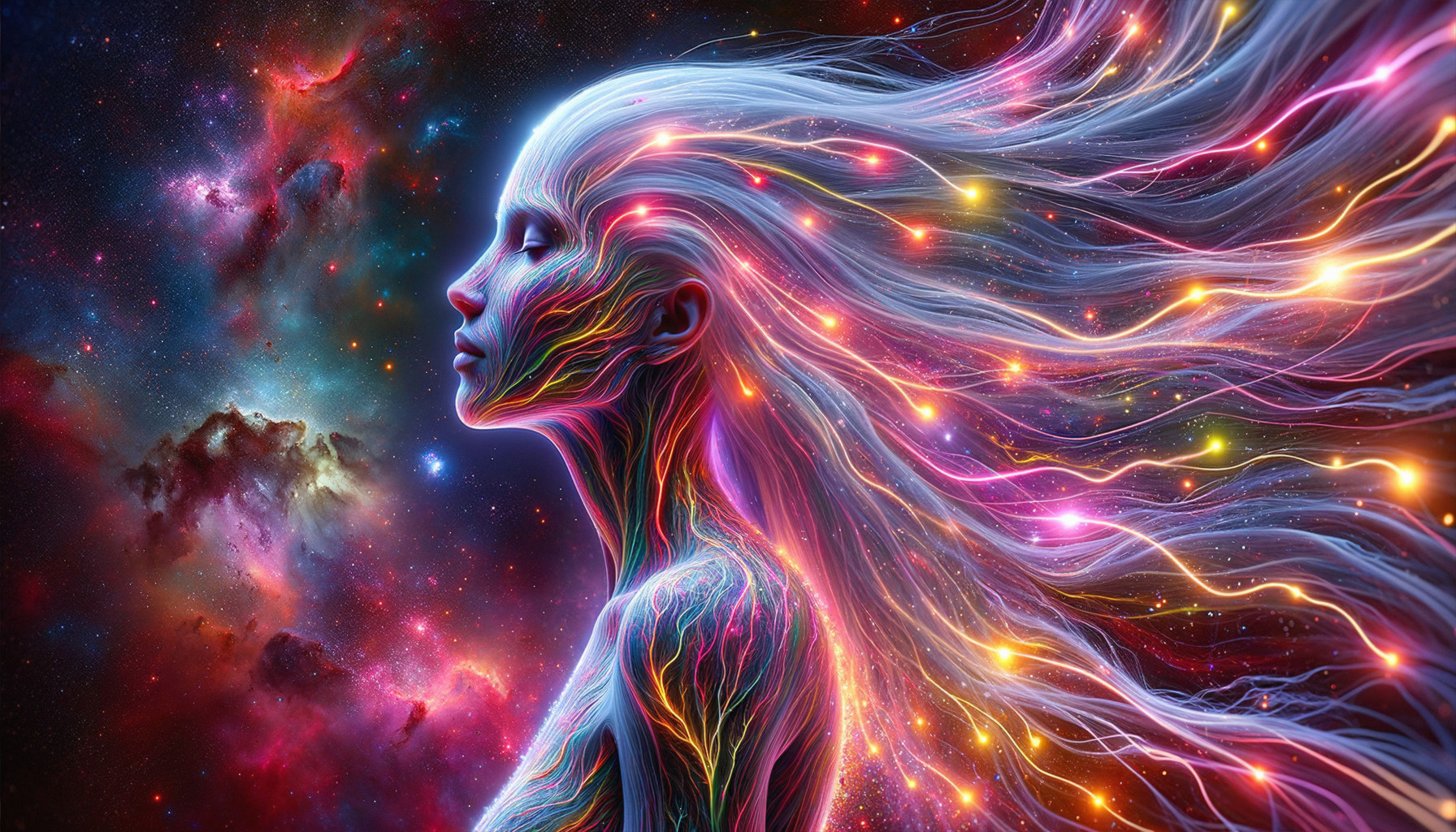 Cosmic Figure with Glowing Hair Against Deep Space