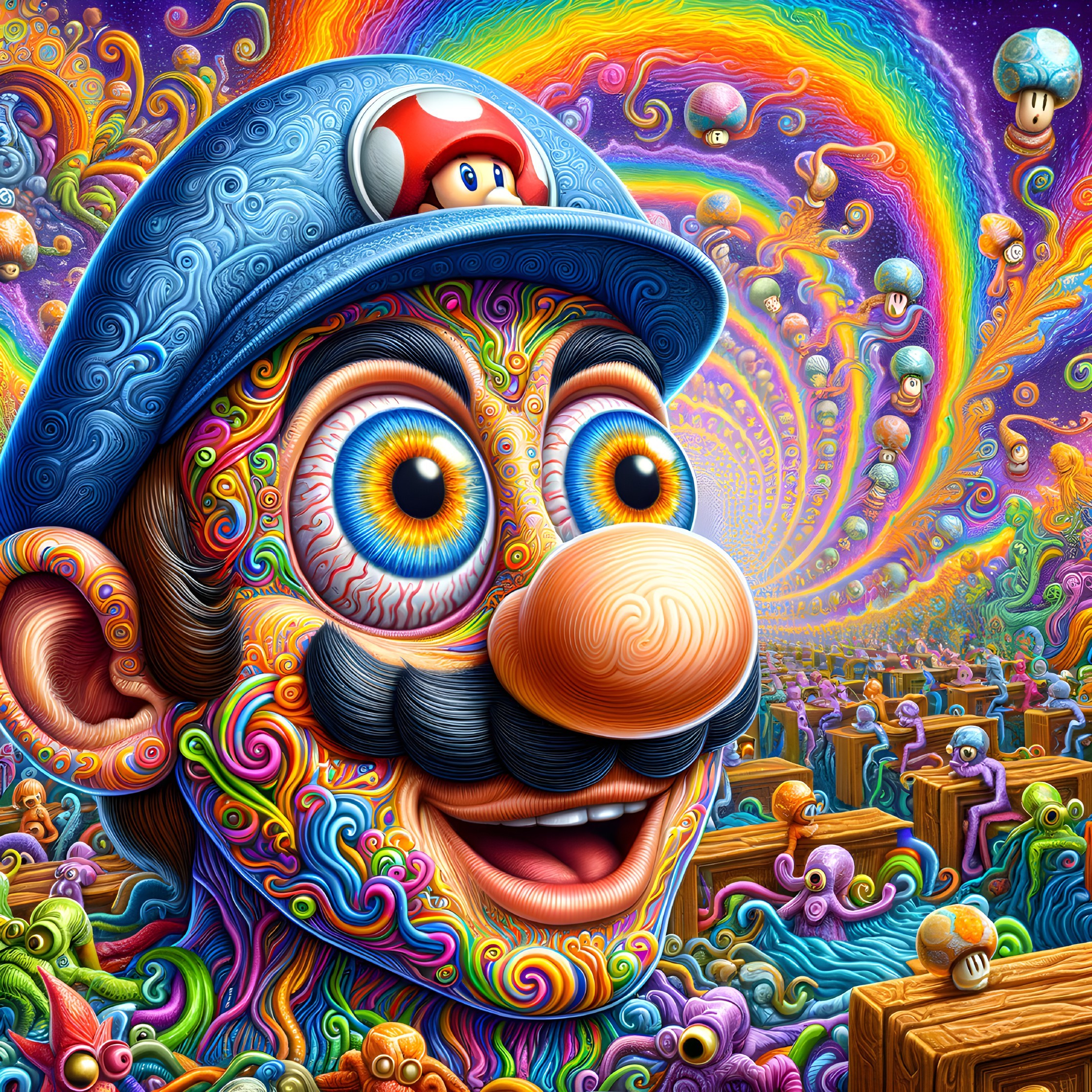 Vibrant Psychedelic Mario-Inspired Artwork with Mushroom Backdrop
