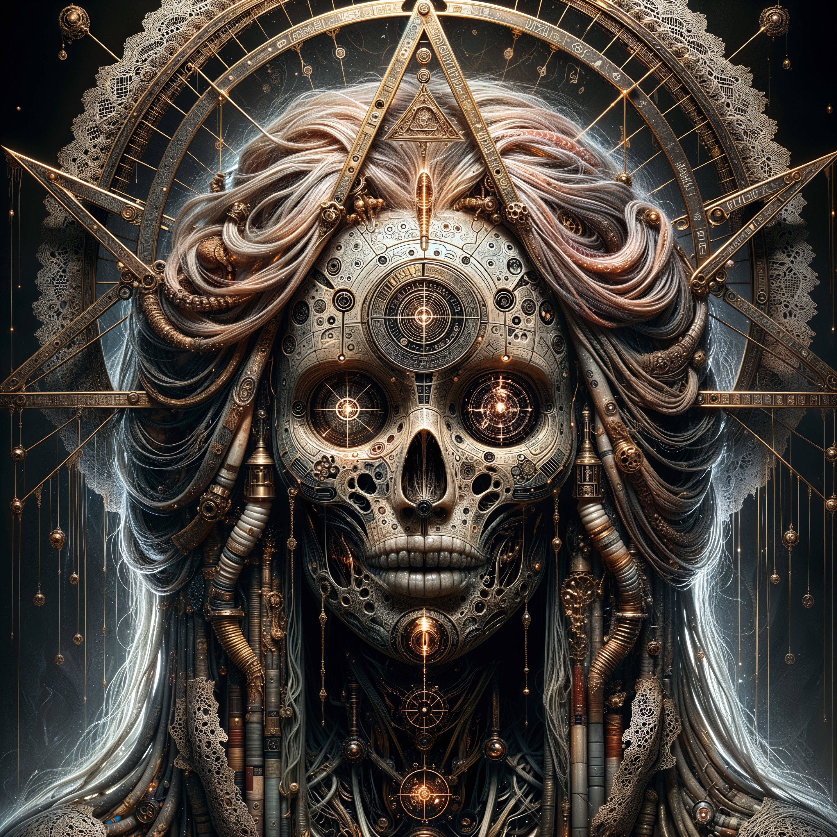 Surreal Skull with Mechanical Elements and Patterns