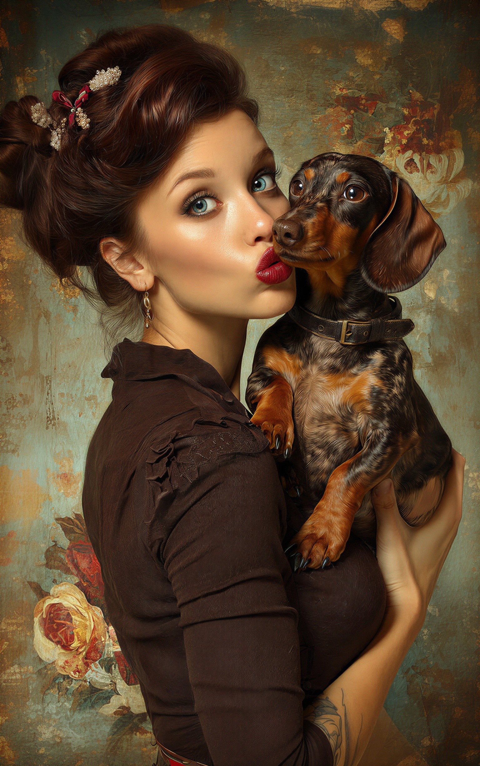 Woman with Styled Hair and Dachshund in Floral Setting