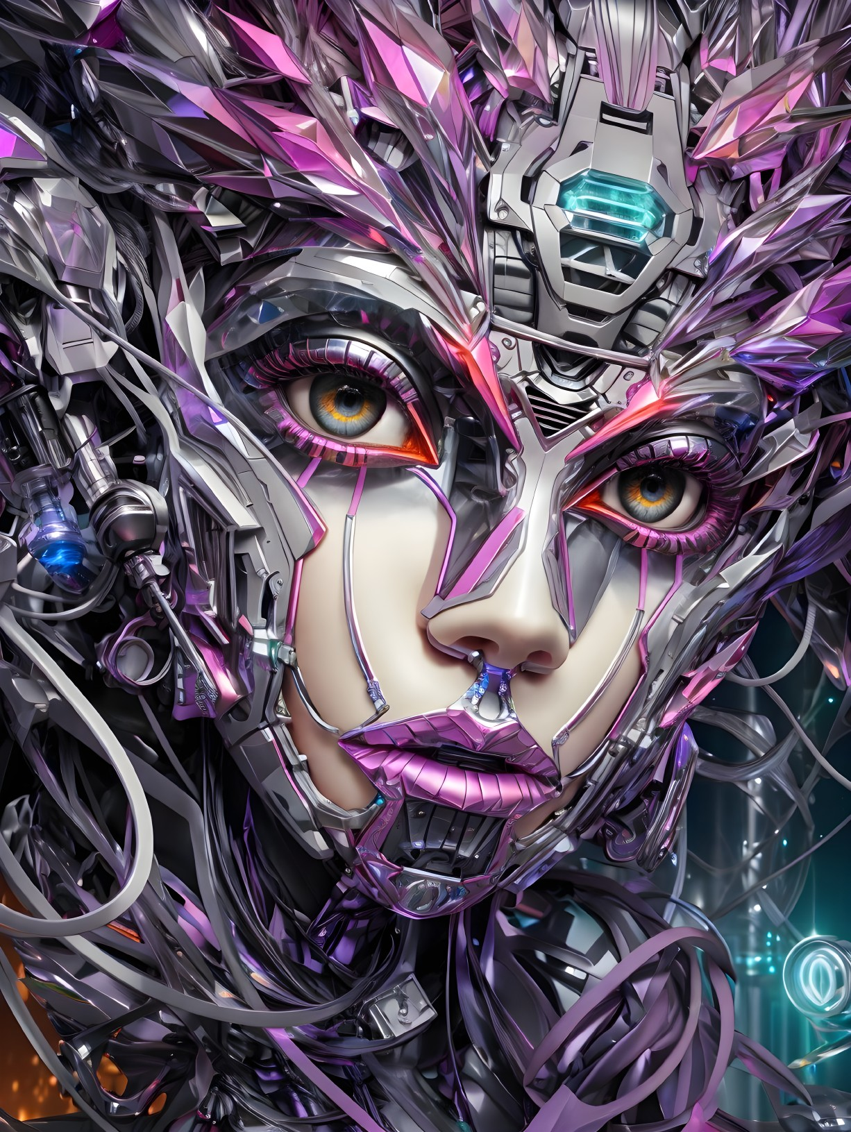 Detailed robotic female face illustration with orange eyes and purple accents.