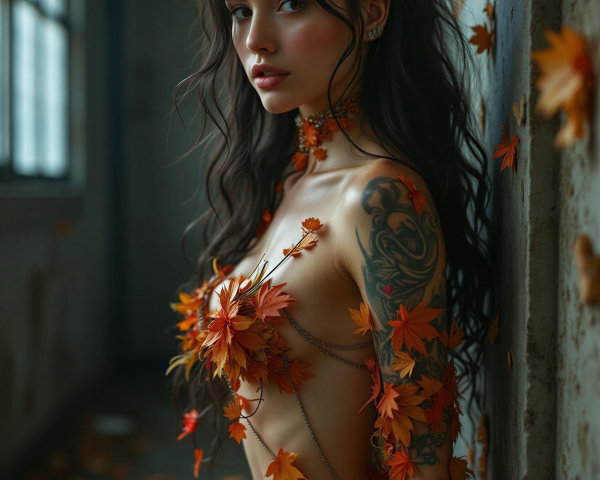 Woman in Autumn Leaves Against Industrial Background