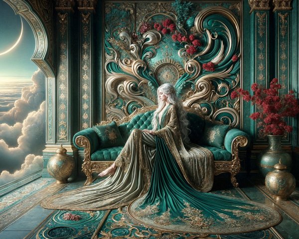 Elegant figure on opulent green sofa with ornate decor