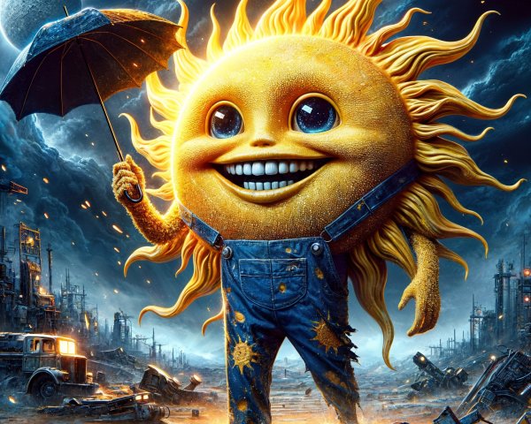 Cartoon Sun Character in Post-Apocalyptic Landscape