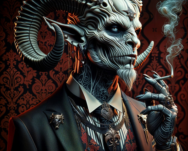 Elegant Demon in Tailored Suit with Intricate Tattoos