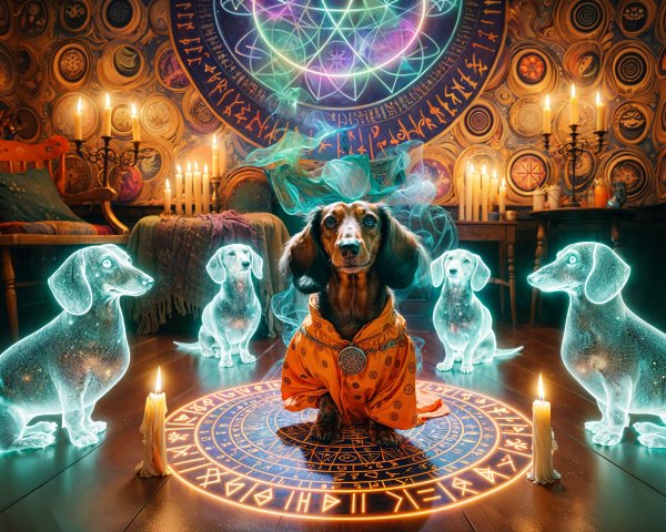 Dachshund in Robe Surrounded by Ghostly Companions
